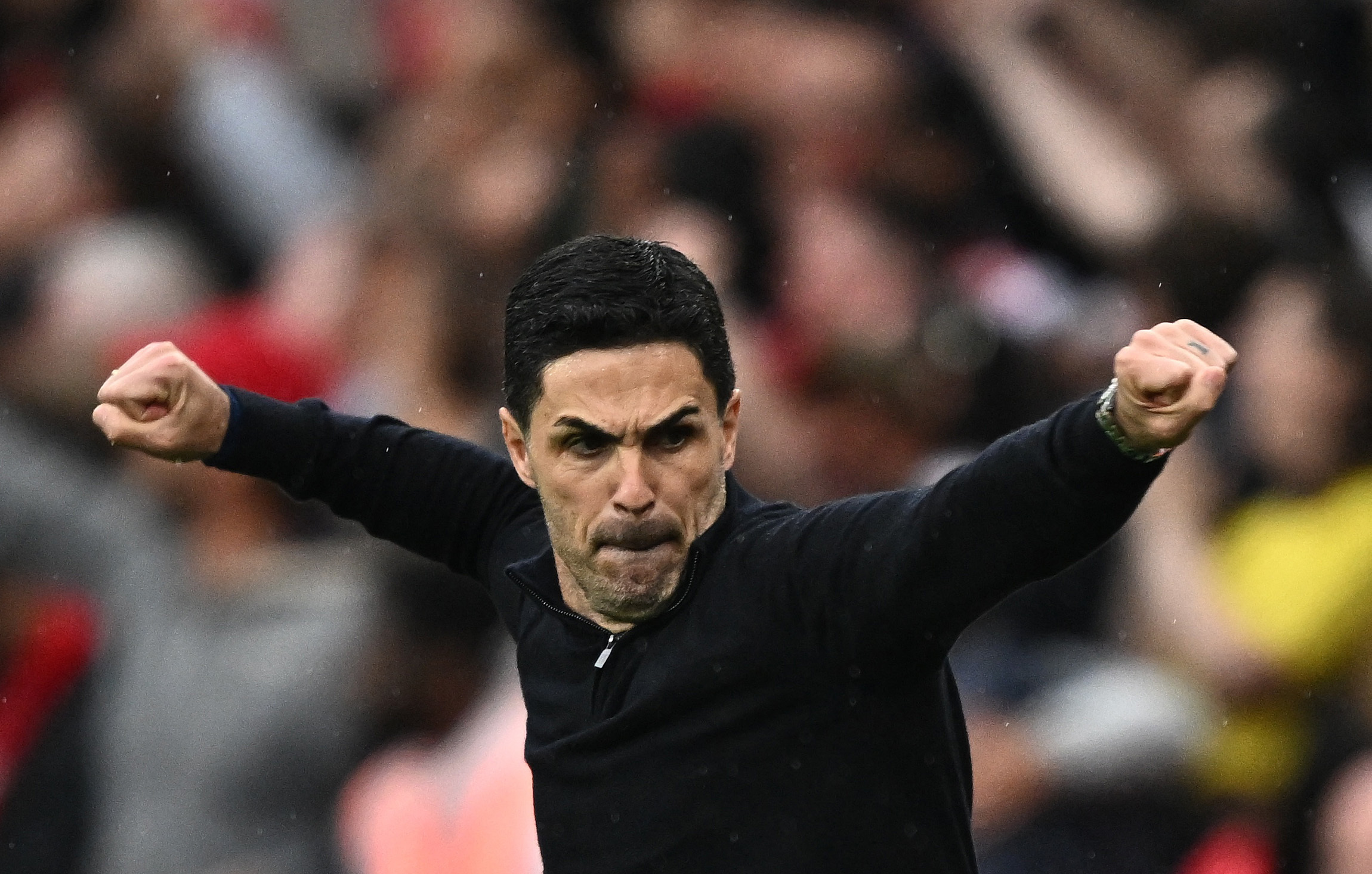 Arsenal manager Mikel Arteta celebrates their second goal, scored by Bukayo Saka