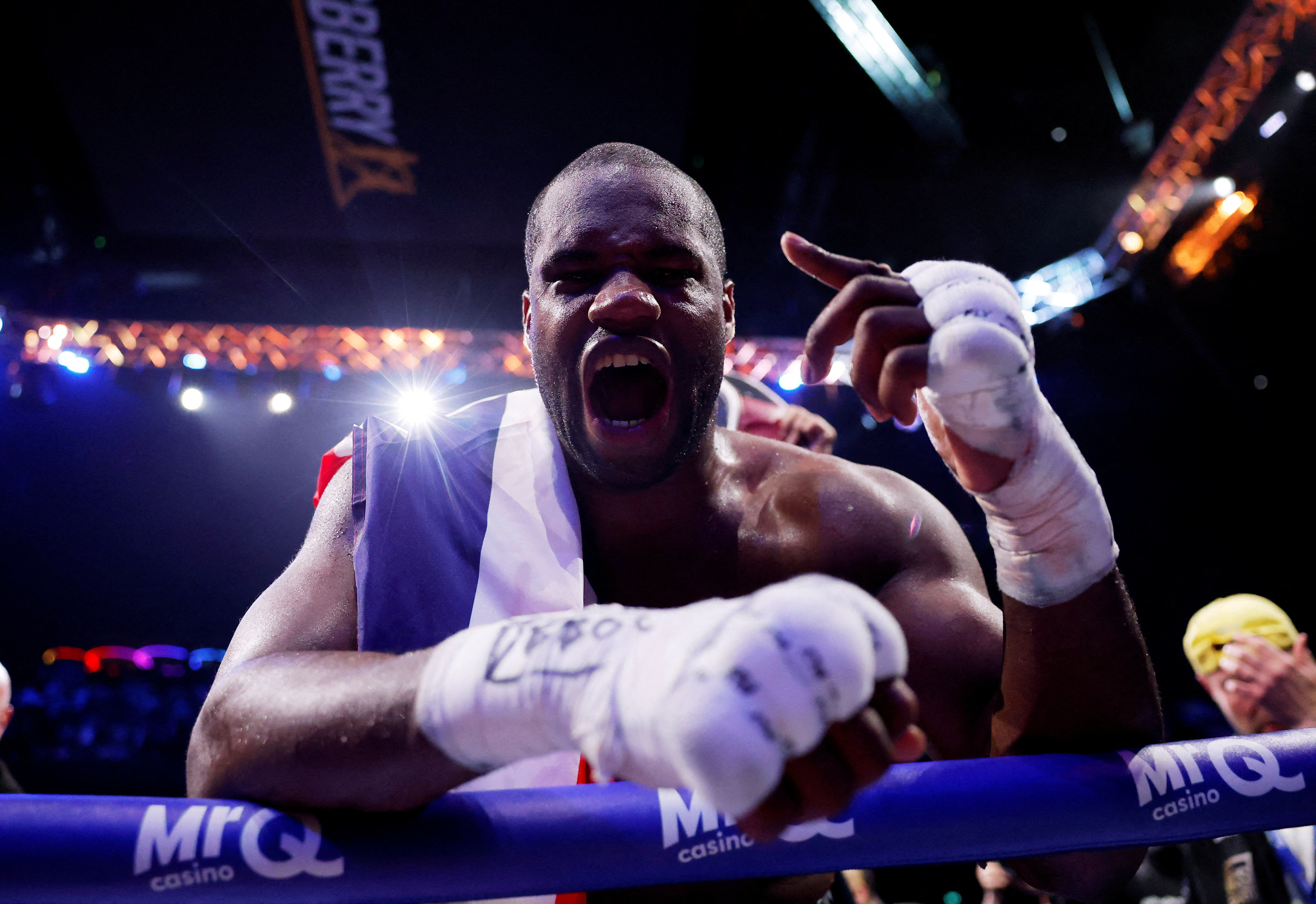 Daniel Dubois celebrates after winning his fight against Fabio Wardley
