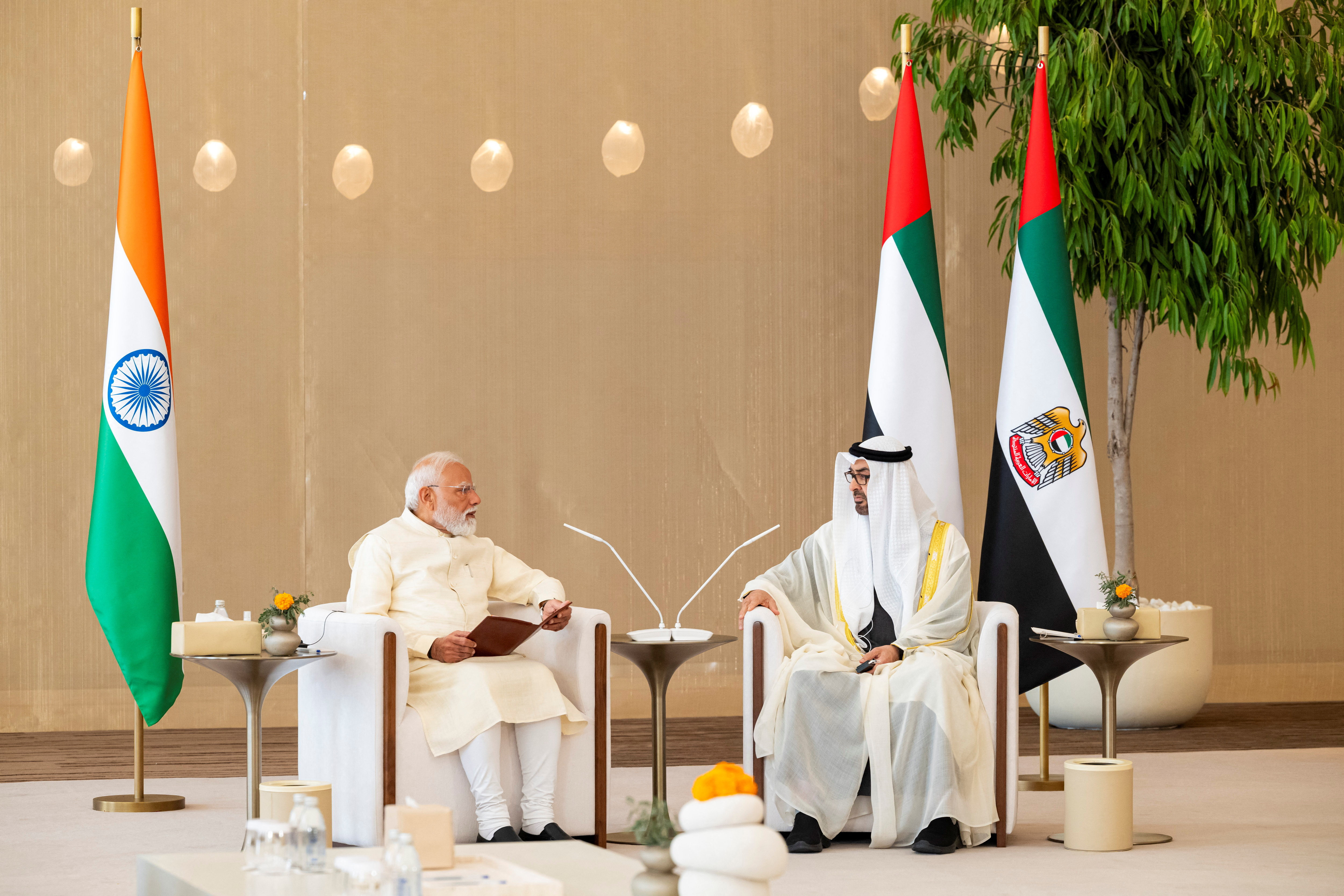 President of the United Arab Emirates, Mohamed bin Zayed Al Nahyan, meets Indian Prime Minister Narendra Modi during an official visit reception, in Abu Dhabi, United Arab Emirates, May 15, 2026.