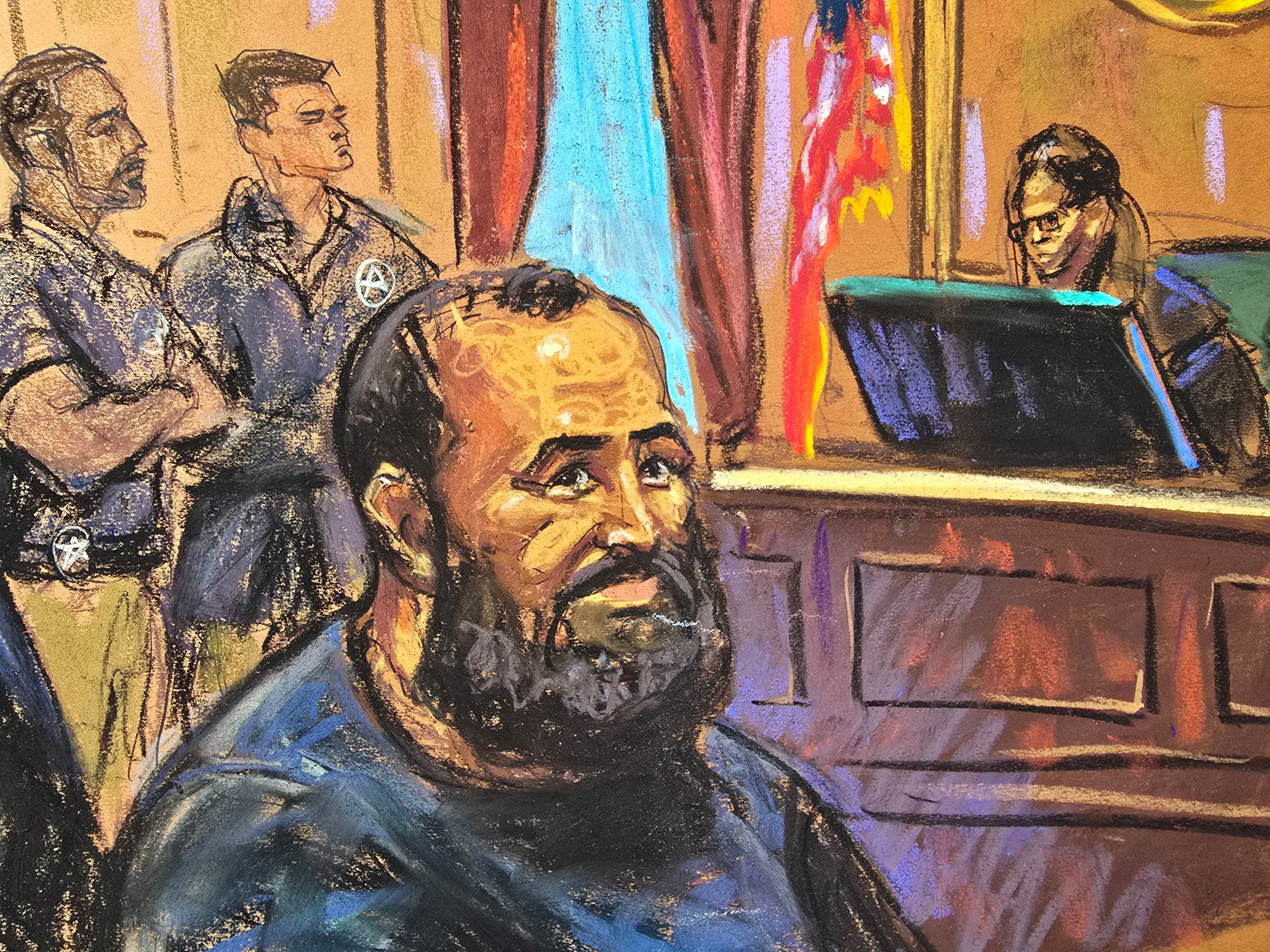A sketch of a judge and a defendant in court, with two security personnel in the background.