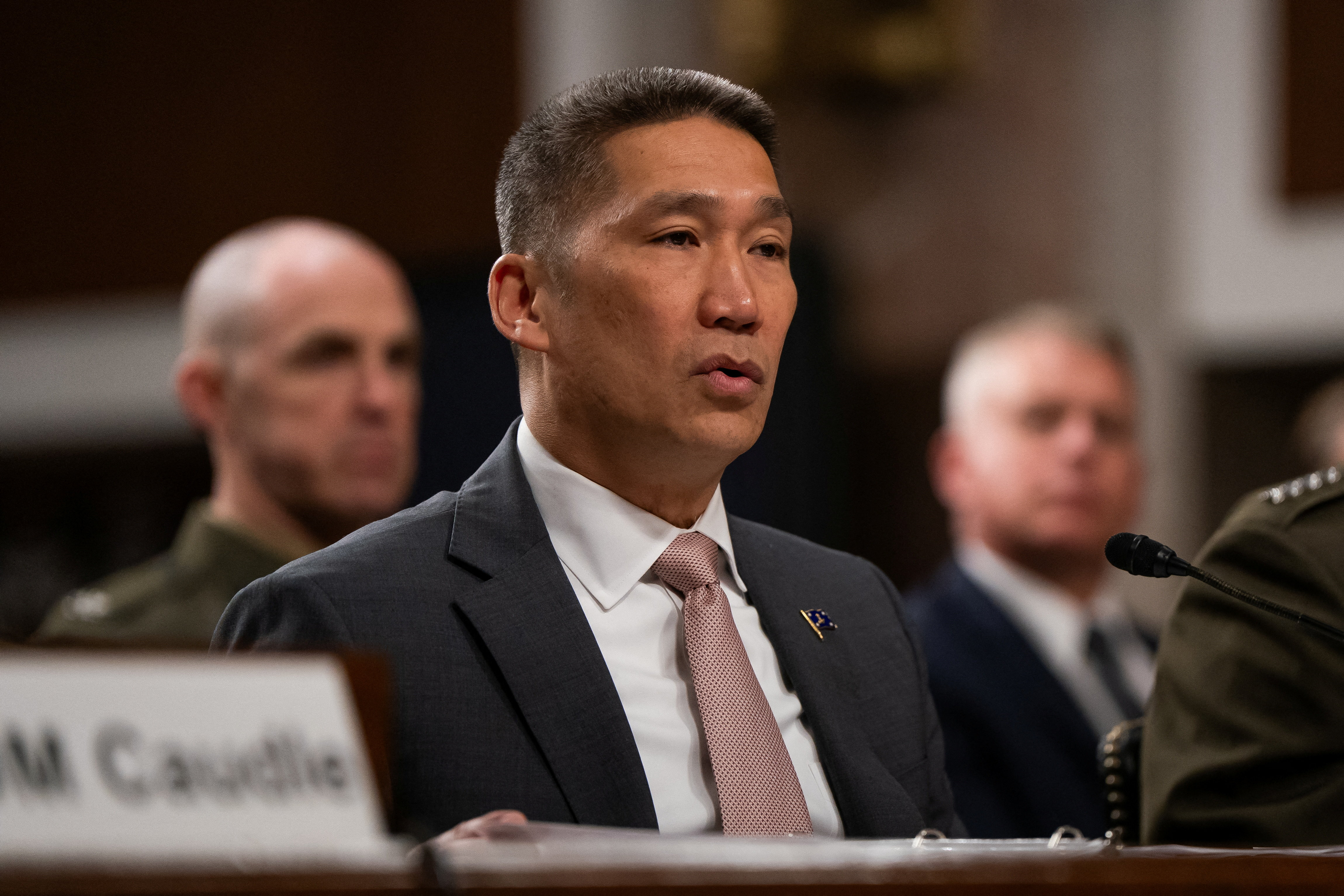 U.S. Acting Secretary of the Navy Hung Cao speaks during a U.S. Senate Armed Services Committee hearing regarding the Defense Authorization Request for Fiscal Year 2027 and the Future Years Defense Program, on Capitol Hill in Washington, D.C., U.S., May 19, 2026. REUTERS/Elizabeth Frantz