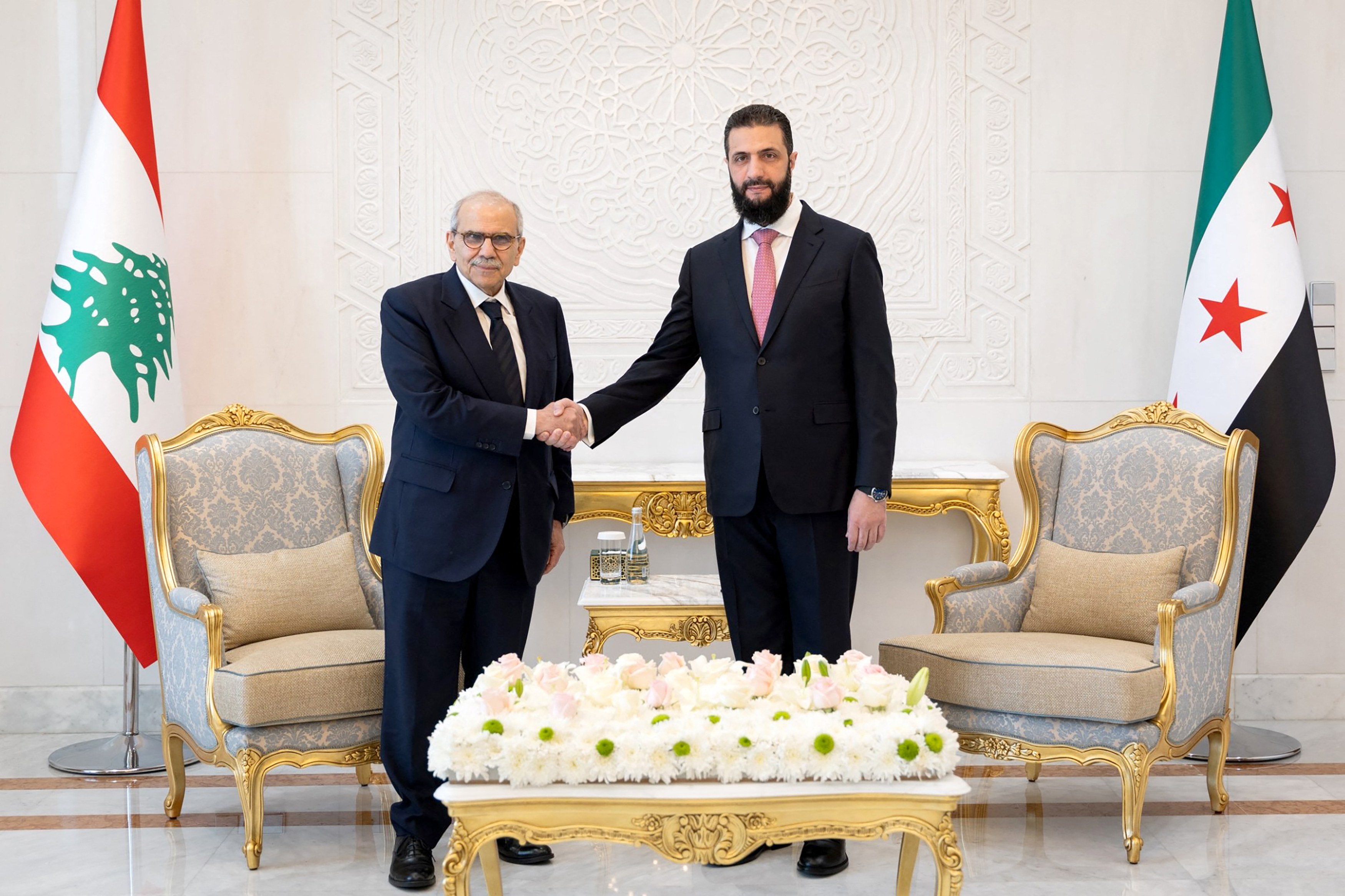 Syrian President Ahmed al-Sharaa (R) meets Lebanese Prime Minister Nawaf Salam in Damascus, Syria on May 9, 2026.
