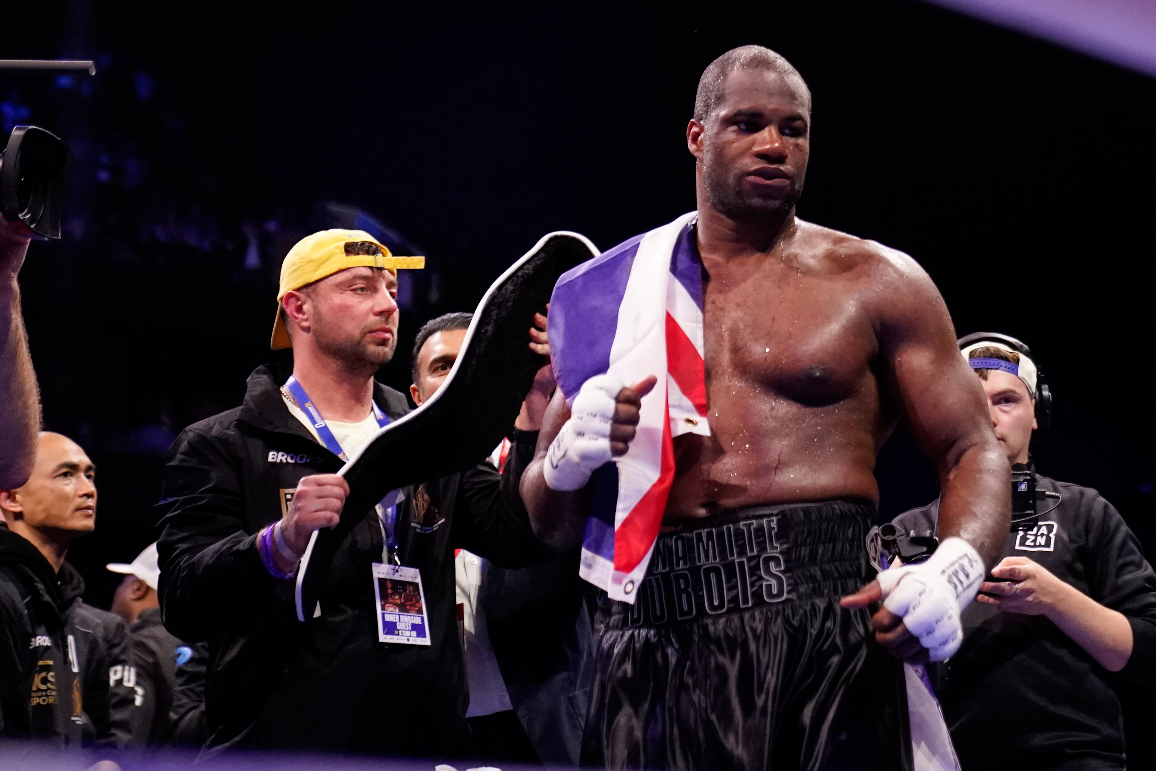 Britain's Daniel Dubois reacts after beating Britain's Fabio Wardley during their WBO World Heavyweight boxing title bout in Manchester, Saturday, May 9, 2026. (AP Photo/Dave Thompson)