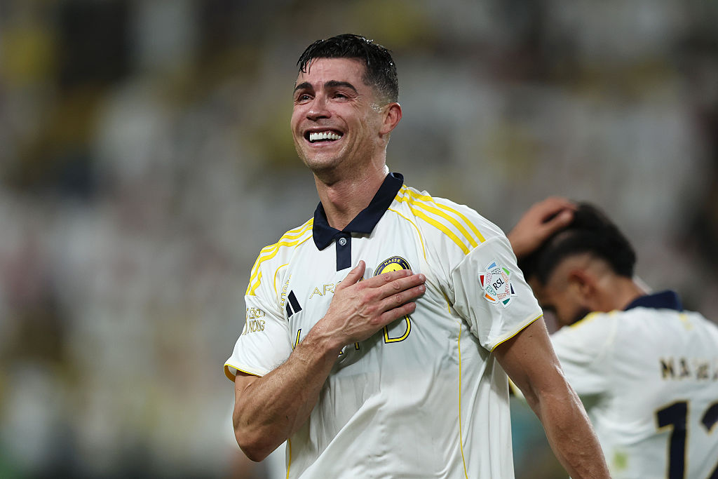 Cristiano Ronaldo of Al Nassr celebrates scoring his team's fourth goal during the Saudi Pro League match between Al Nassr and Damac