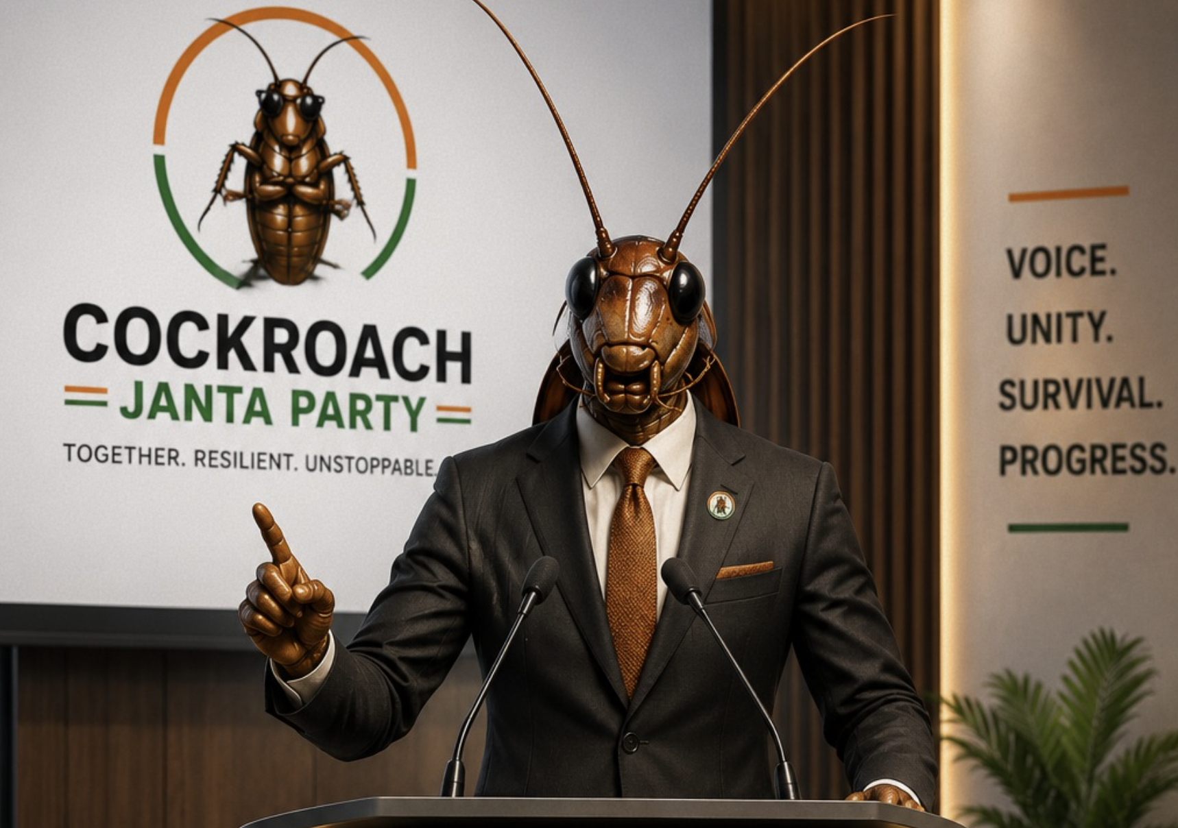 An image on the website of the Cockroach Janata Party shows a man in a suit with a head of a cockroach.