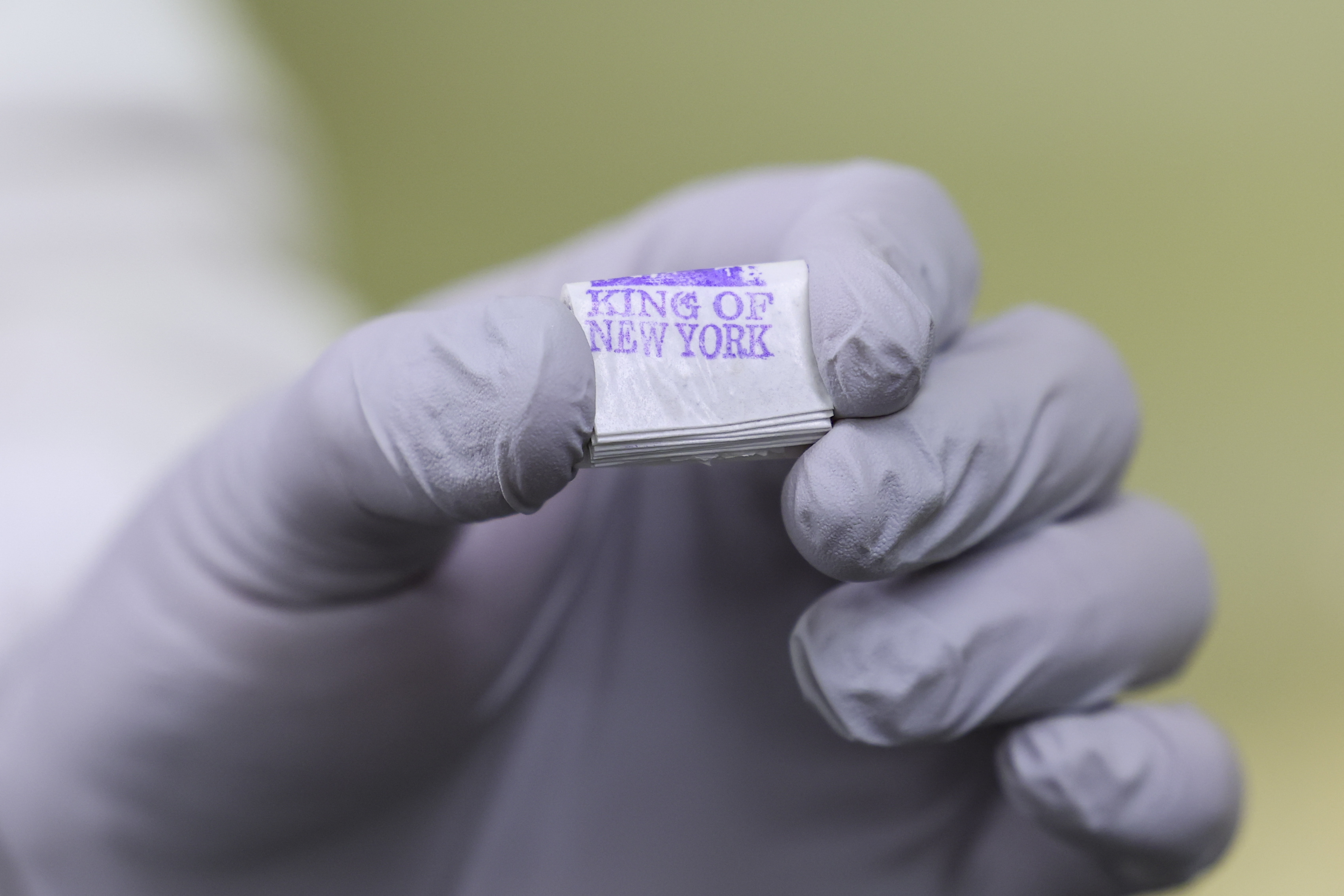 A Drug Enforcement Administration (DEA) chemist holds up glassine bags containing fentanyl at the Drug Enforcement Administration (DEA) Northeast Regional Laboratory in New York, on May 7, 2026. (Photo by ANGELA WEISS / AFP)