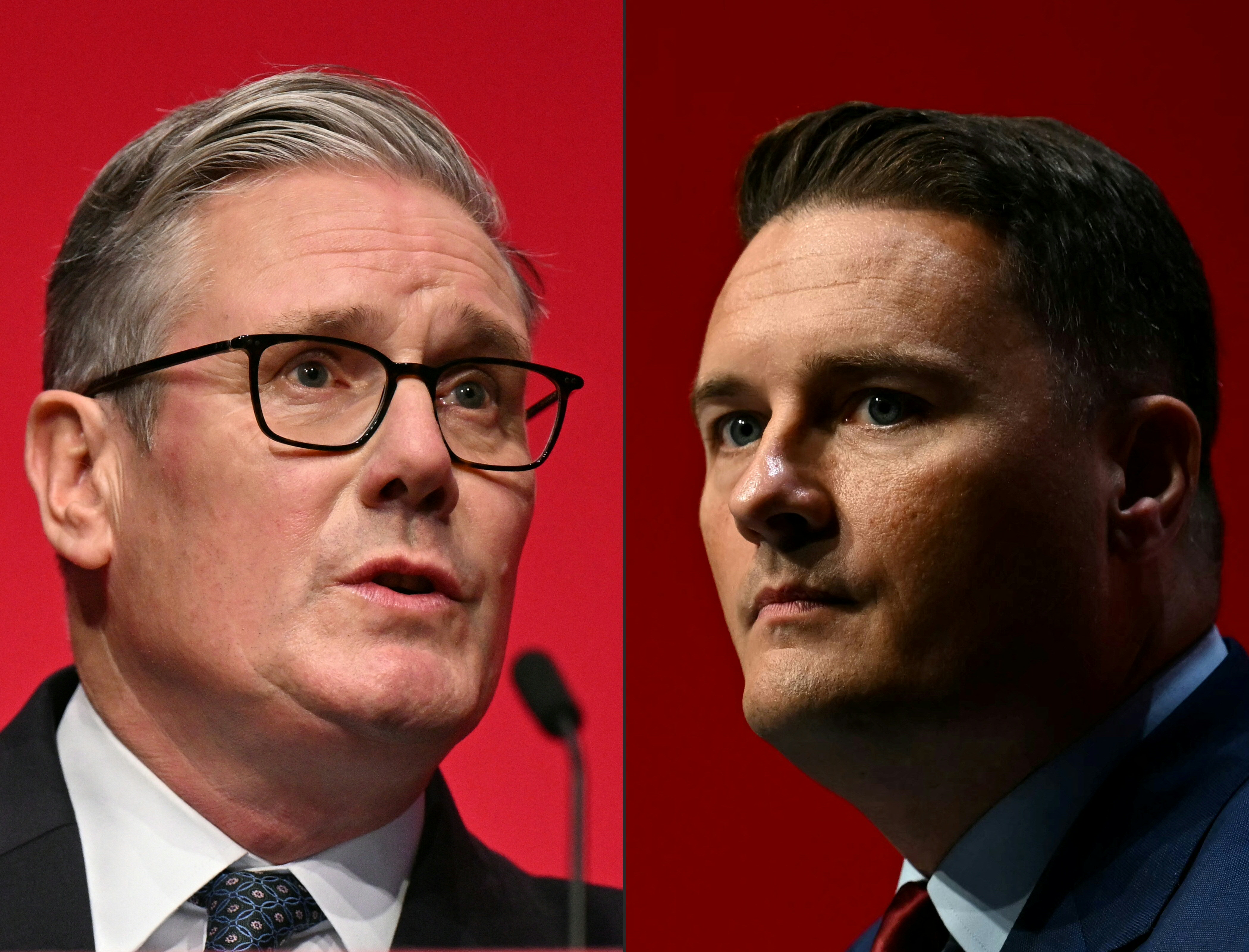 (COMBO) This combination of pictures created on May 14, 2026 shows (FILES) Britain's Prime Minister Keir Starmer delivers his keynote address to delegates on the third day of the annual Labour Party conference in Liverpool, north-west England, on September 30, 2025. (FILES) Britain's Health Secretary Wes Streeting delivers a speech on the third day of the annual Labour Party conference in Liverpool, north-west England, on September 30, 2025.