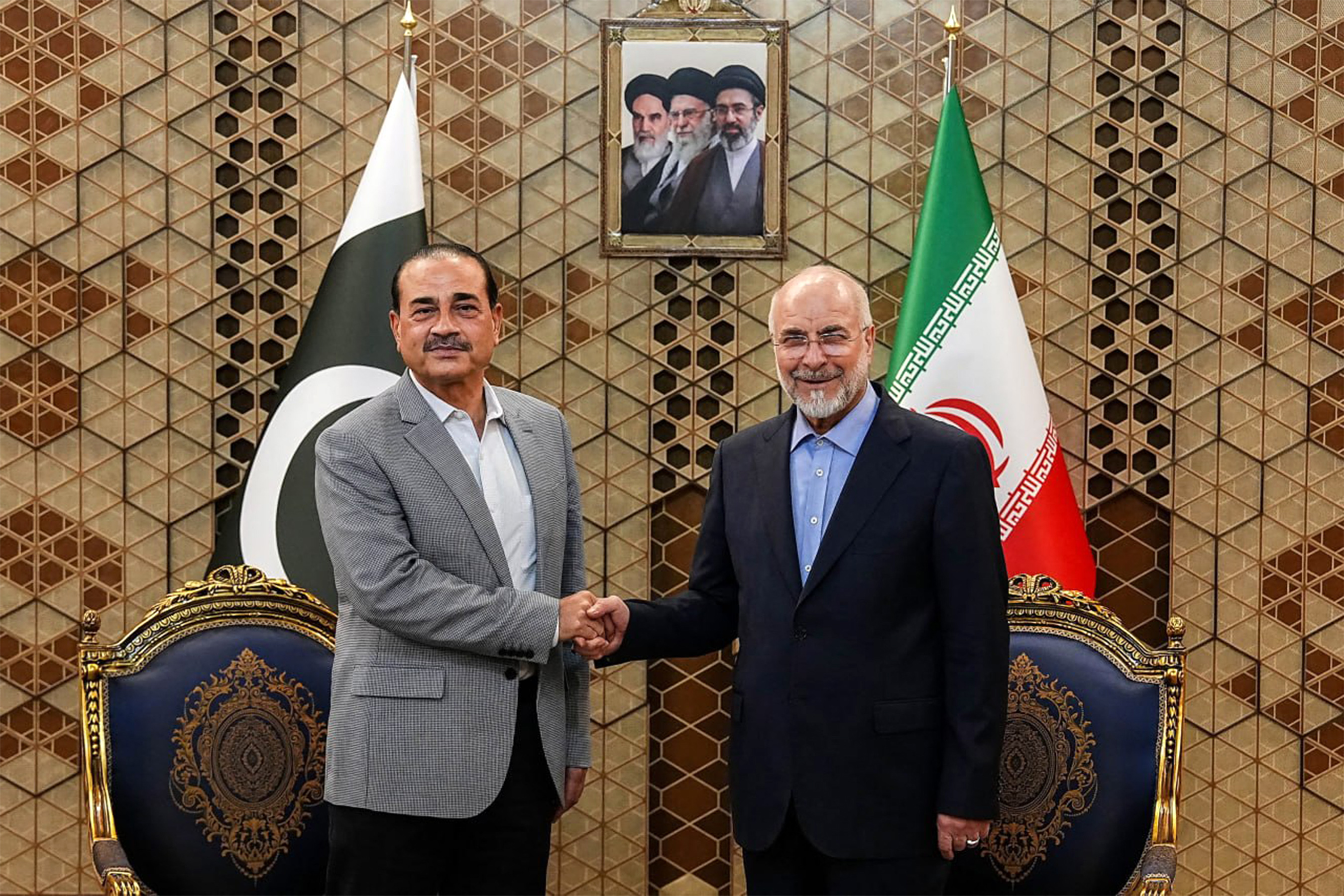 In this handout picture provided by the Islamic Consultative Assembly News Agency (ICANA), Iran’s Parliament Speaker Mohammad Bagher Ghalibaf (R) meets with Pakistan’s Army Chief Syed Asim Munir in Tehran on May 23, 2026.