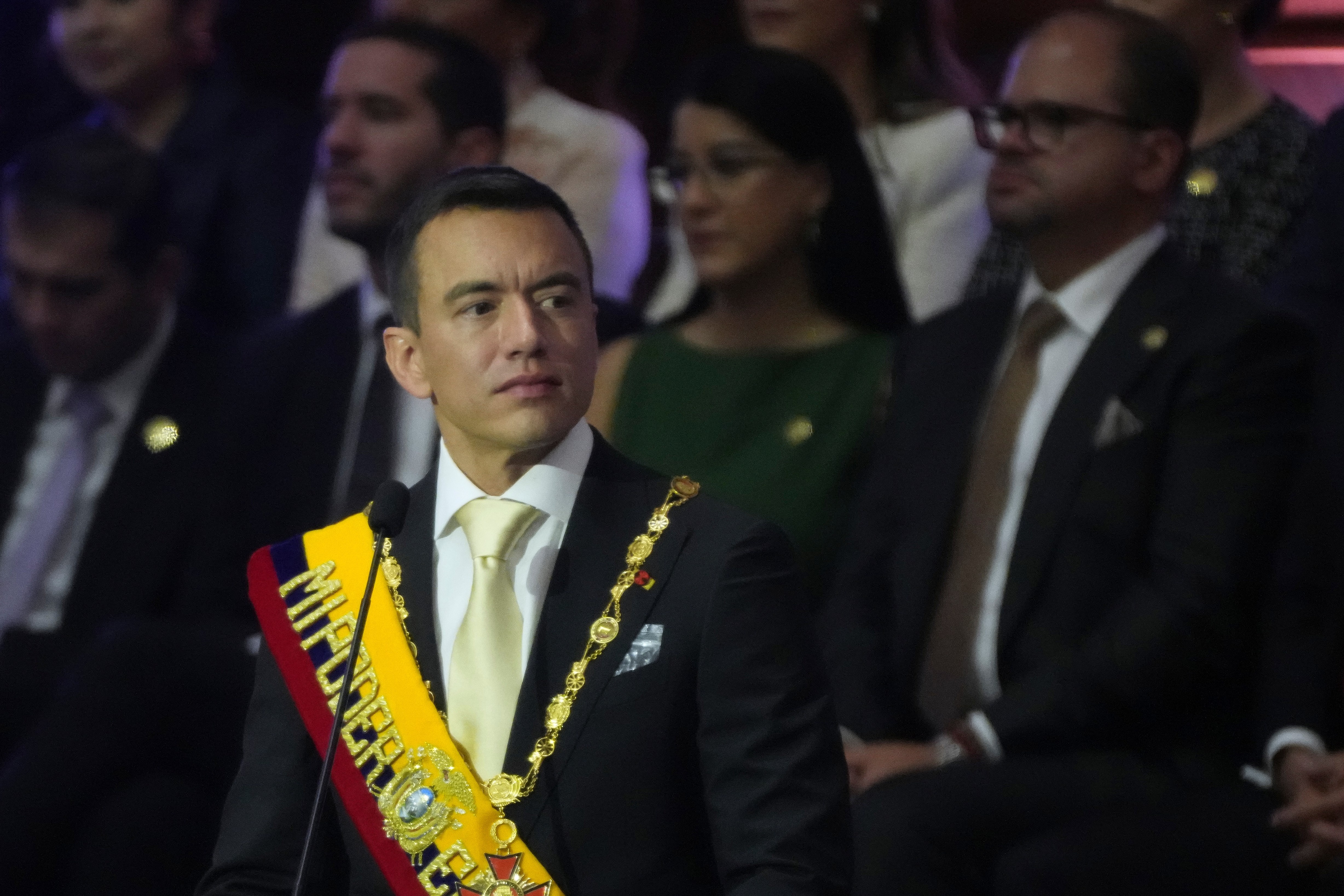 President Daniel Noboa delivers his State of the Nation address at the National Assembly.in Quito, Ecuador, Sunday, May 24, 2026. (AP Photo/Dolores Ochoa)