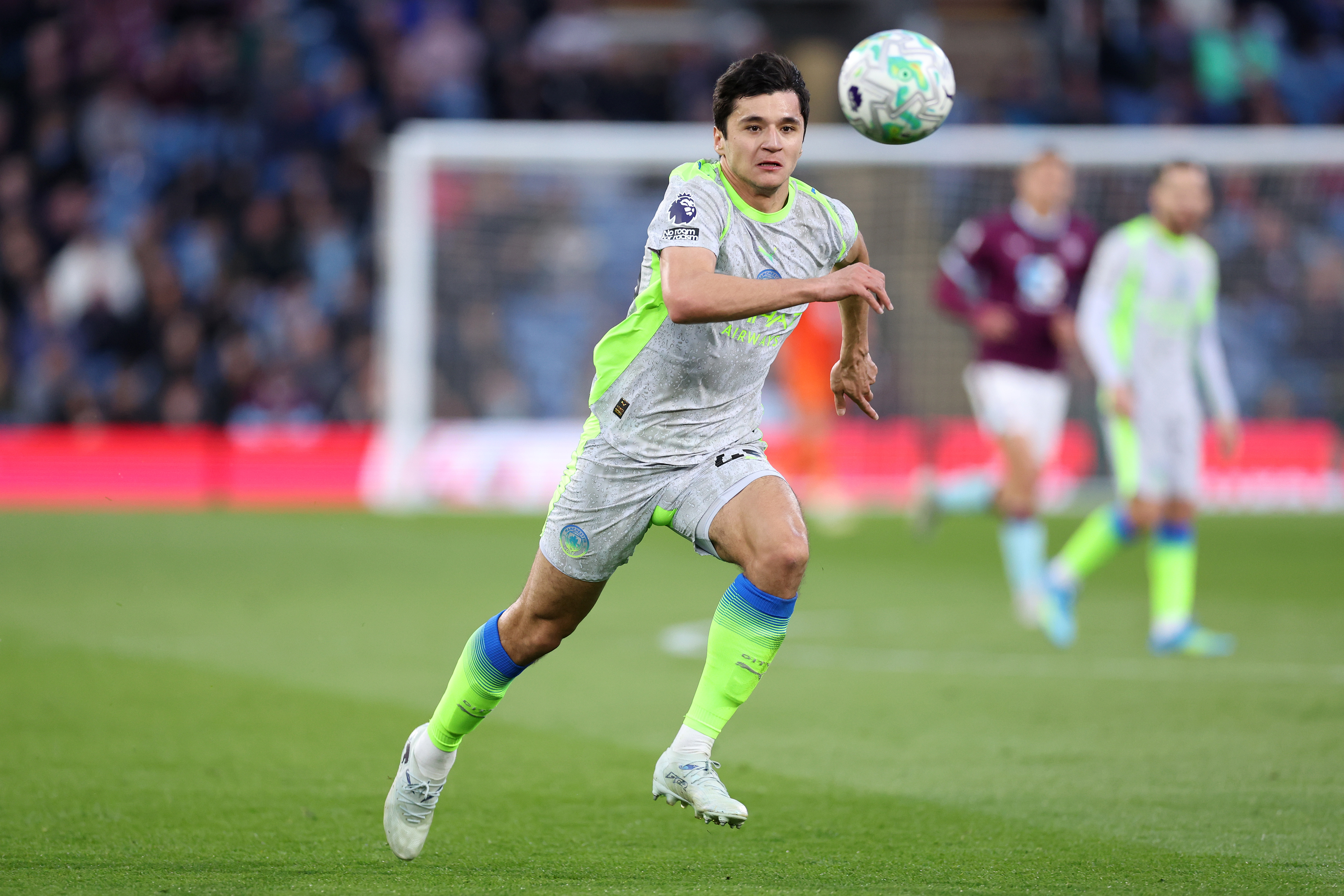 BURNLEY, ENGLAND - APRIL 22: Abdukodir Khusanov of Manchester City during the Premier League match between Burnley and Manchester City at Turf Moor on April 22, 2026 in Burnley, England. (Photo by Alex Livesey/Getty Images)