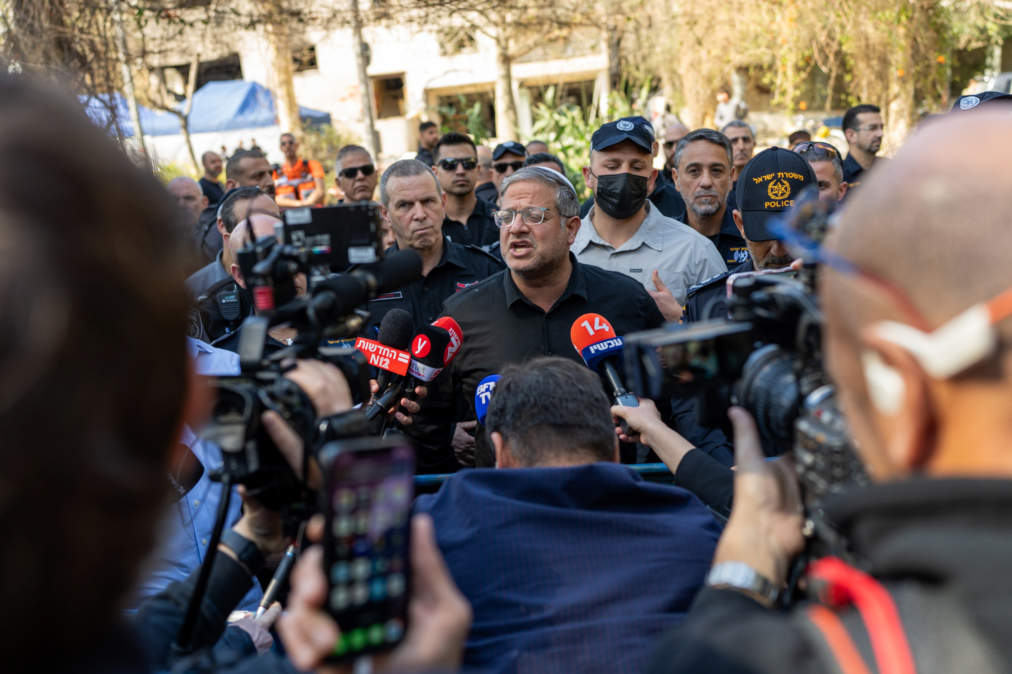 Israel's Minister of National Security Itamar Ben-Gvir visits the site of yesterday's rocket strike on March 1, 2026 in Tel Aviv, Israel. Iran fired waves of missiles at Israel after the United States and Israel launched a joint attack on Iran early on February 28th. Israel's Defense Minister Israel Katz declared a state of emergency, as Israelis braced for the retaliation. (Photo by Erik Marmor/Getty Images)