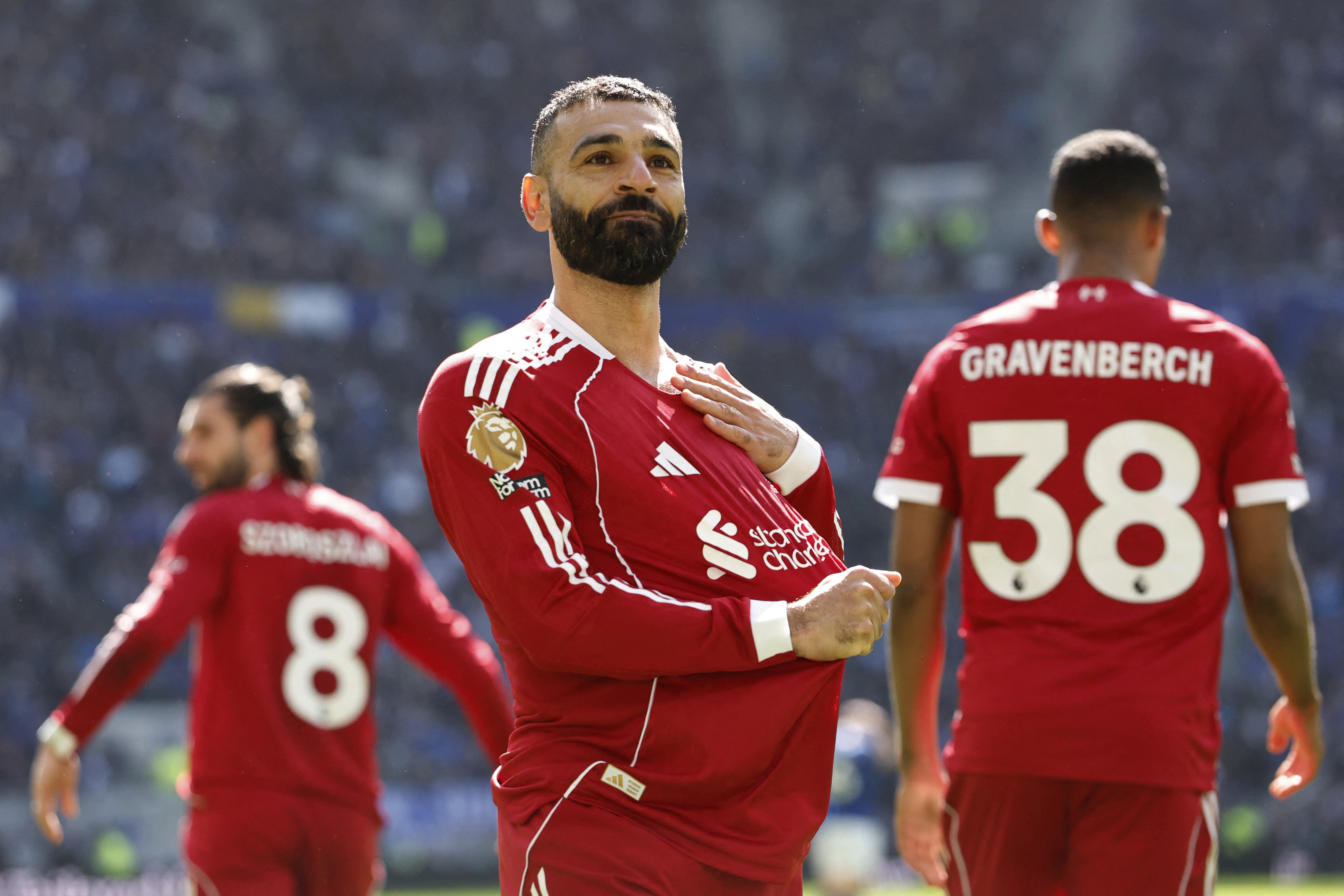 Soccer Football - Premier League - Everton v Liverpool - Hill Dickinson Stadium, Liverpool, Britain - April 19, 2026 Liverpool's Mohamed Salah celebrates scoring their first goal Action Images via Reuters/Jason Cairnduff EDITORIAL USE ONLY. NO USE WITH UNAUTHORIZED AUDIO, VIDEO, DATA, FIXTURE LISTS, CLUB/LEAGUE LOGOS OR 'LIVE' SERVICES. ONLINE IN-MATCH USE LIMITED TO 120 IMAGES, NO VIDEO EMULATION. NO USE IN BETTING, GAMES OR SINGLE CLUB/LEAGUE/PLAYER PUBLICATIONS. PLEASE CONTACT YOUR ACCOUNT REPRESENTATIVE FOR FURTHER DETAILS..