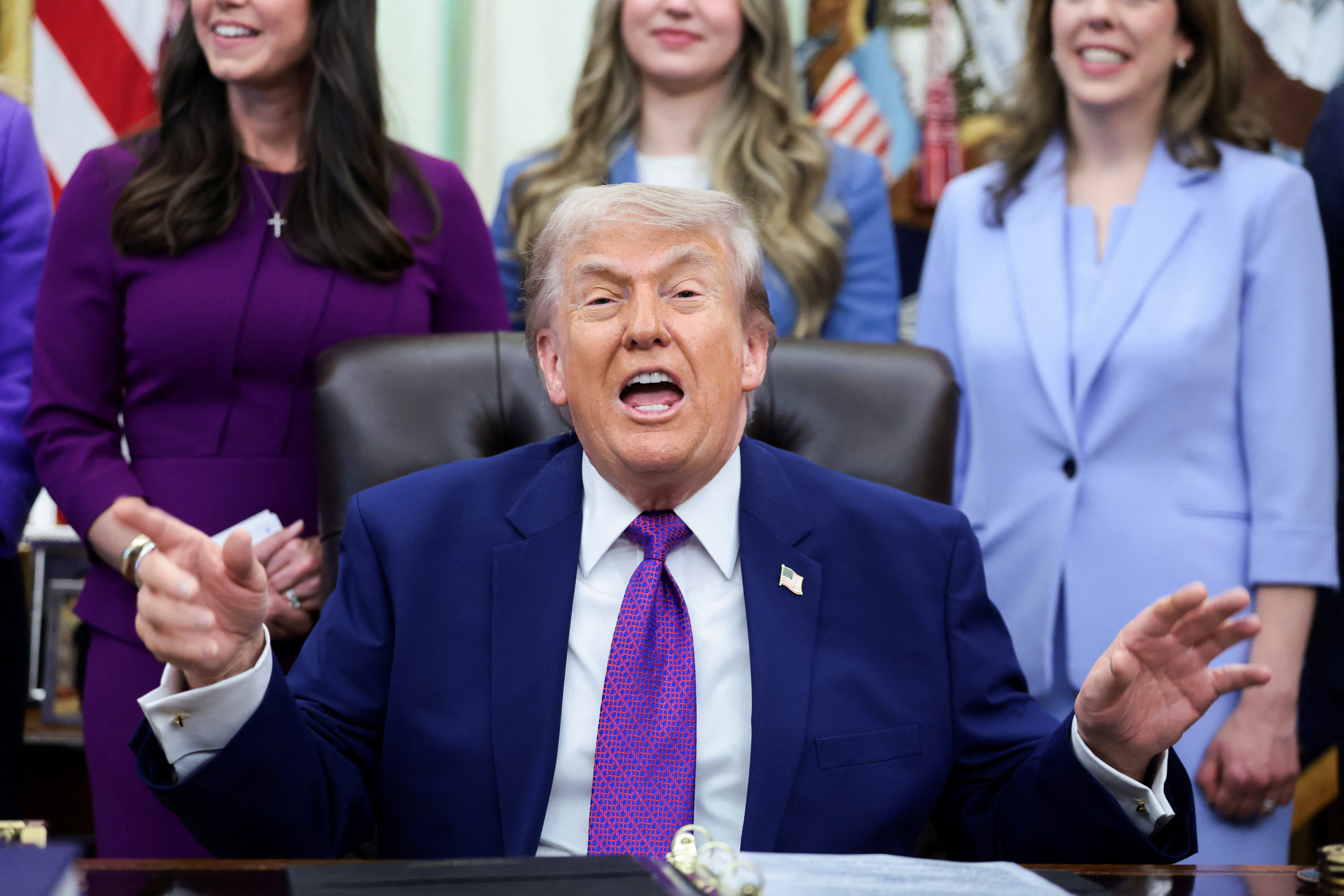 U.S. President Donald Trump speaks during a maternal health event in the Oval Office at the White House in Washington, D.C., U.S., May 11, 2026. REUTERS/Evelyn Hockstein