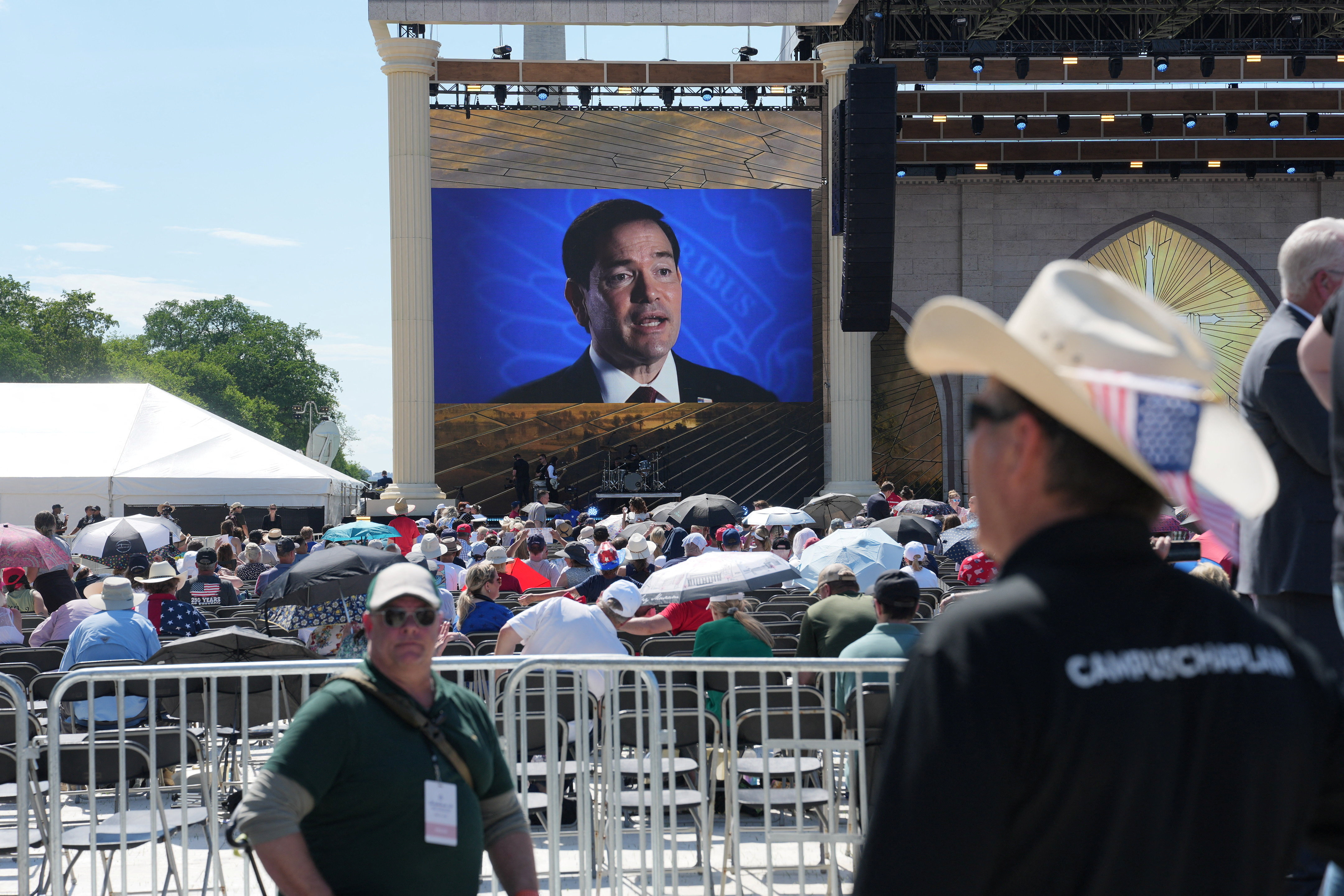 U.S. Secretary of State Marco Rubio appears on a screen at the Rededicate 250: A National Jubilee of Prayer, Praise & Thanksgiving at the National Mall in Washington, D.C., U.S., May 17, 2026. REUTERS/Eric Lee