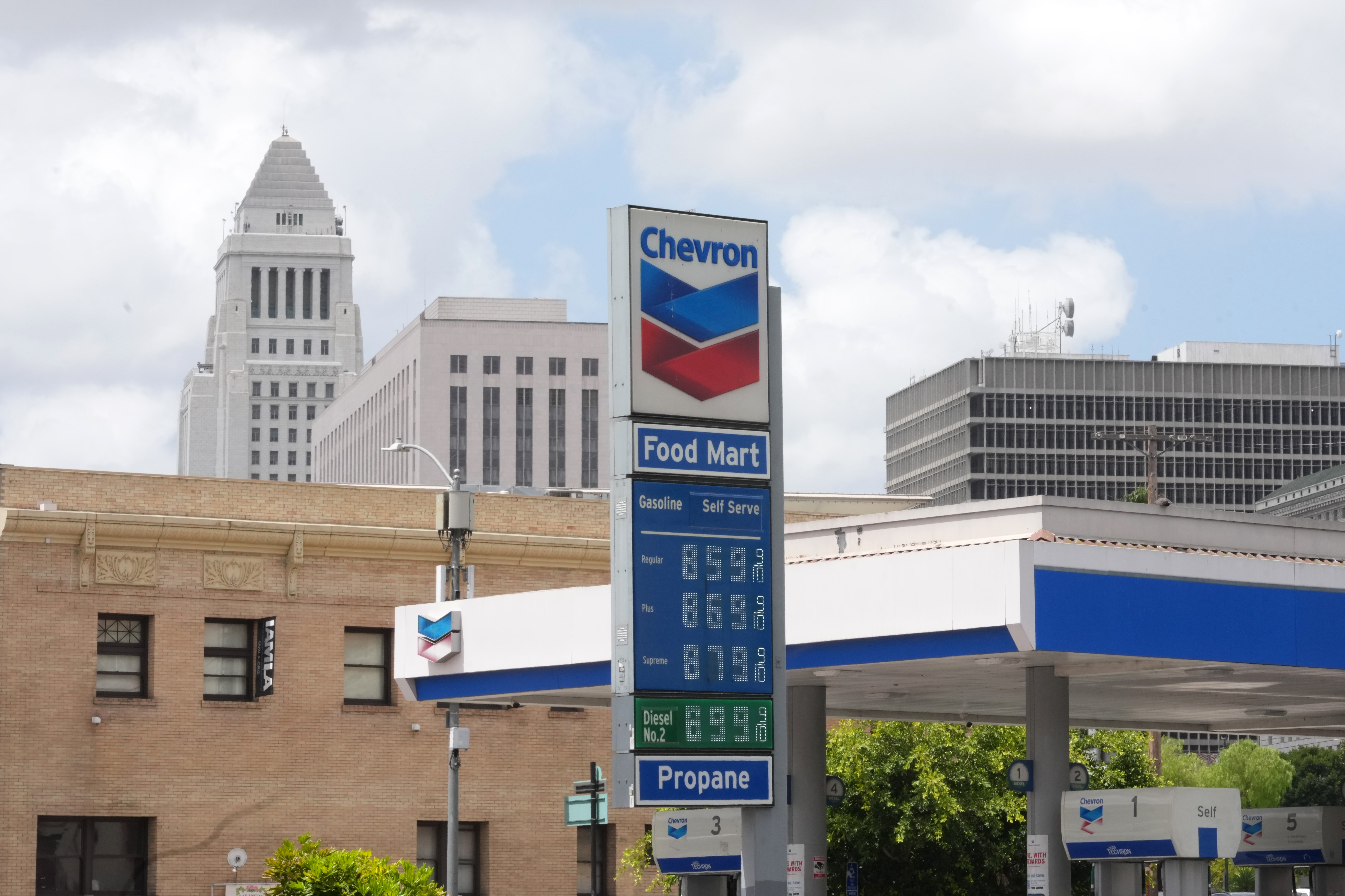 May 27, 2026; Los Angeles, CA, USA; Gas prices at a Chevron station in downtown. Mandatory Credit: Kirby Lee-Imagn Images