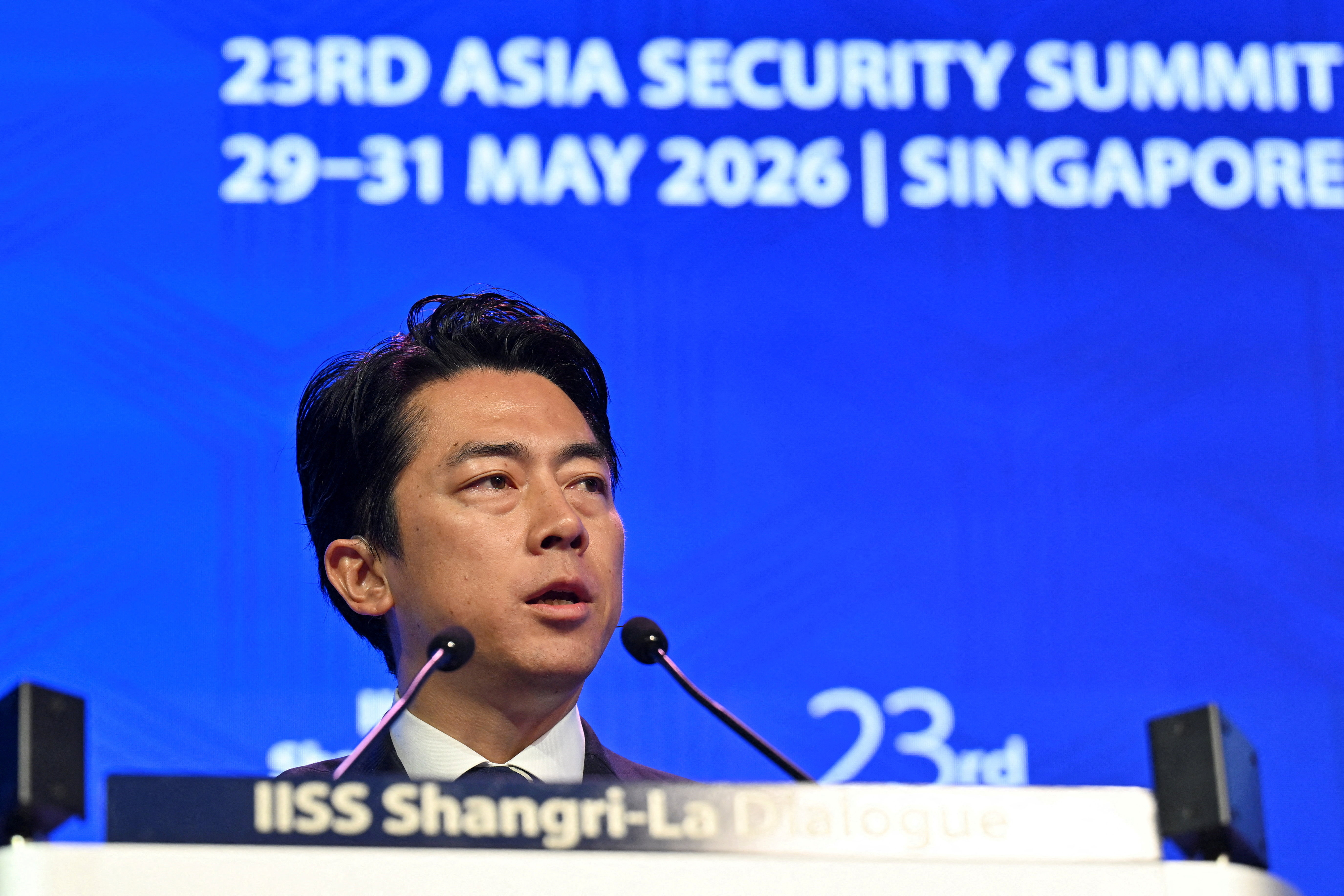 Shinjiro Koizumi, Japan's defence minister, speaks at the Shangri-La Dialogue security summit in Singapore, May 31, 2026. REUTERS/Caroline Chia TPX IMAGES OF THE DAY