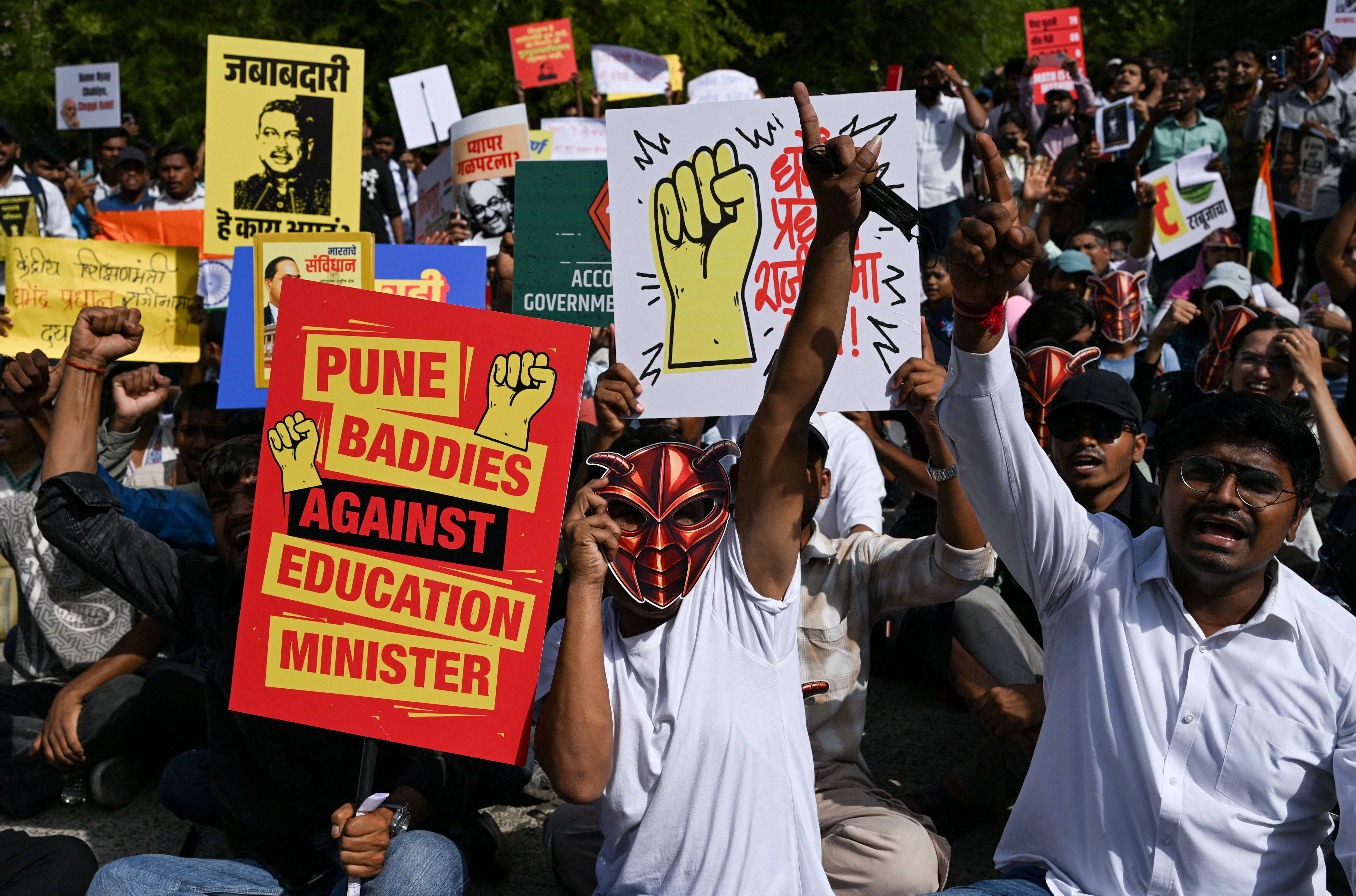 People take part in a CJP protest demanding the resignation of Education Minister Dharmendra Pradhan, in Pune, India, June 11, 2026 [Reuters]