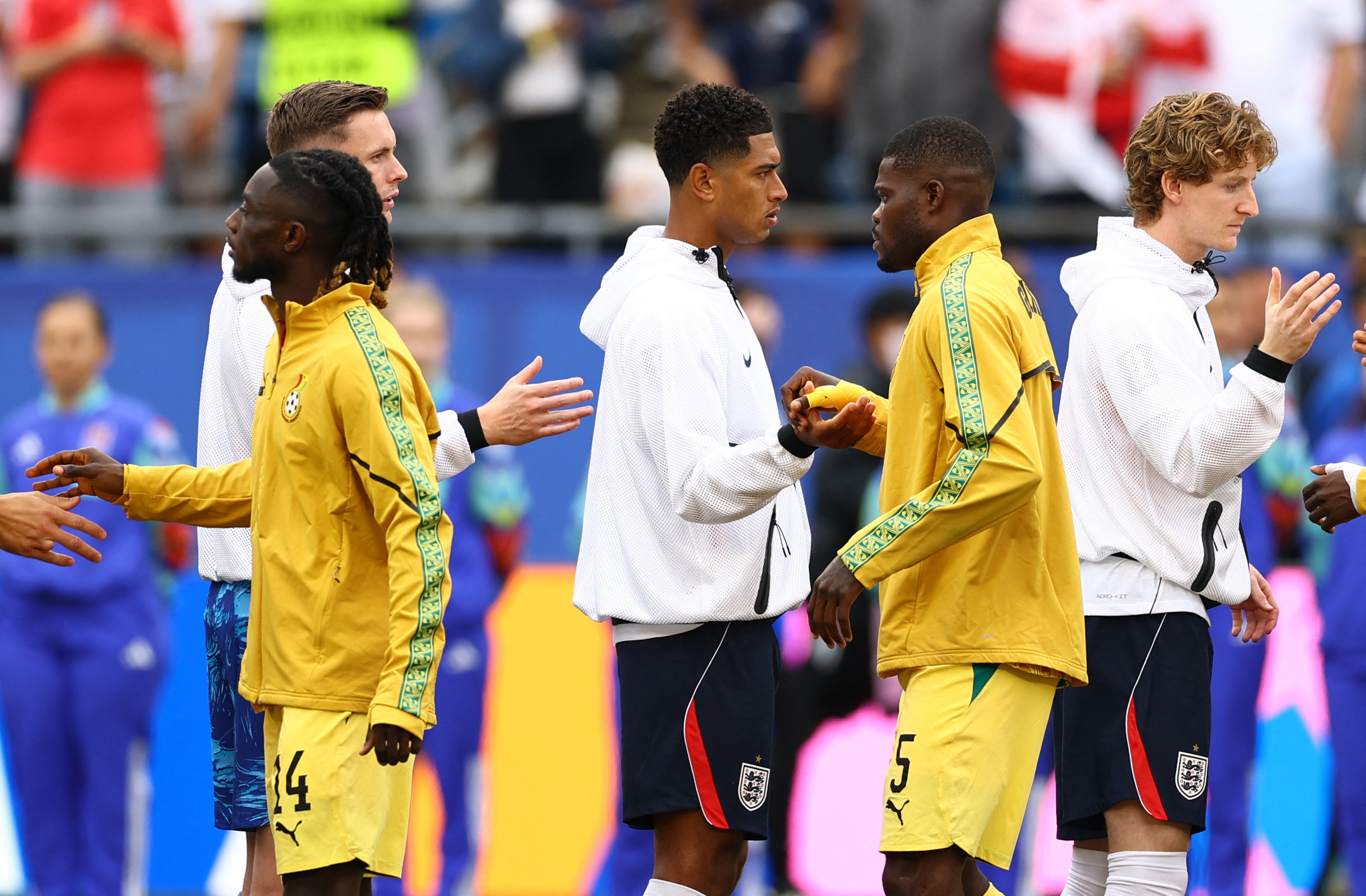 Soccer Football - FIFA World Cup 2026 - Group L - England v Ghana - Boston Stadium, Foxborough, Massachusetts, U.S. - June 23, 2026 England's Jude Bellingham shakes hands with Ghana's Thomas Partey before the match REUTERS/Peter Cziborra