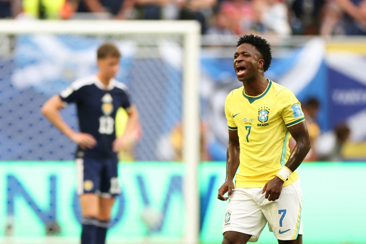 Brazil's forward #07 Vinicius Junior celebrates after scoring his team's first goal during the 2026 World Cup Group C football match