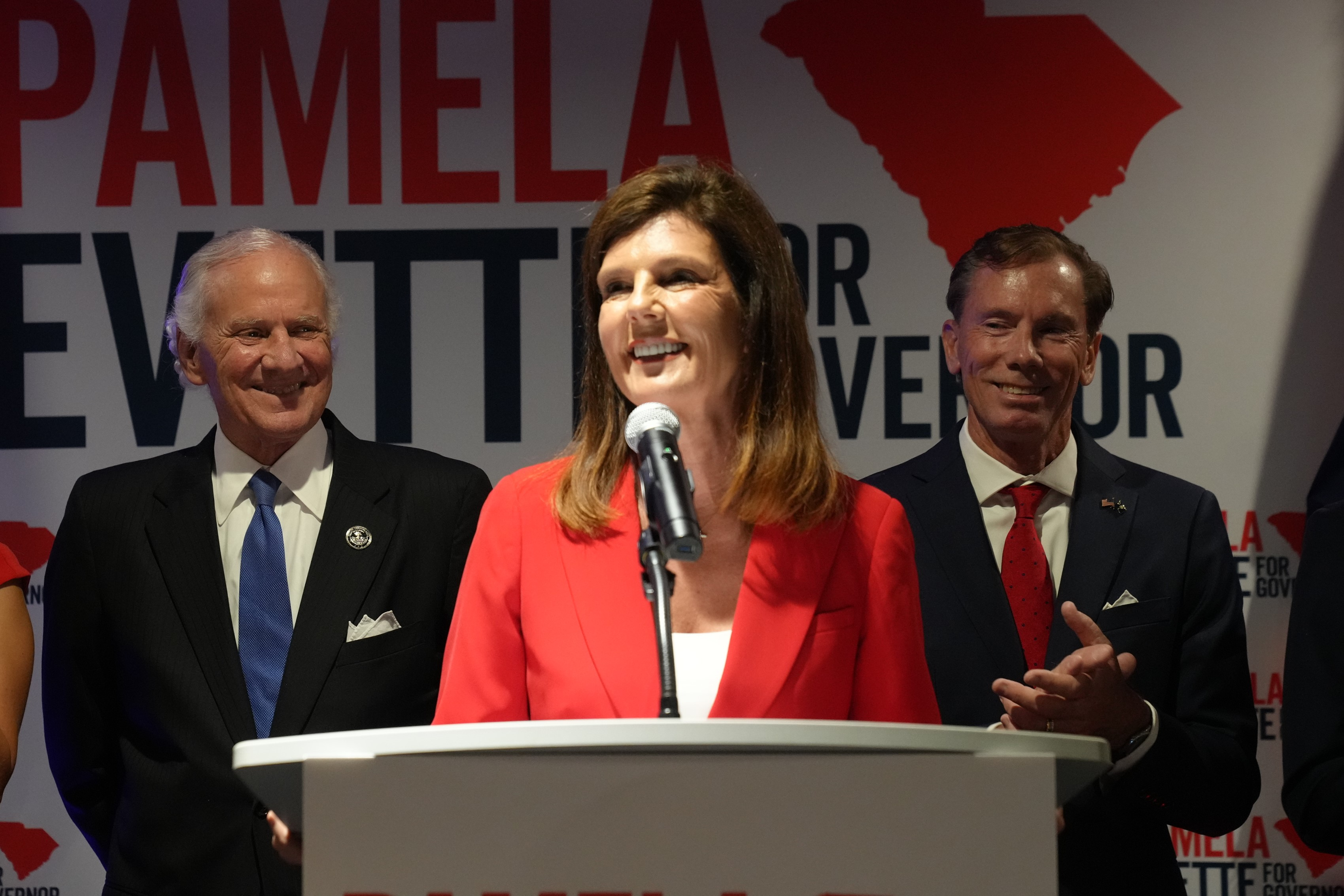 South Carolina Lieutenant Governor Pamela Evette, centre, speaks at an election night watch party after advancing to a primary run-off on June 9
