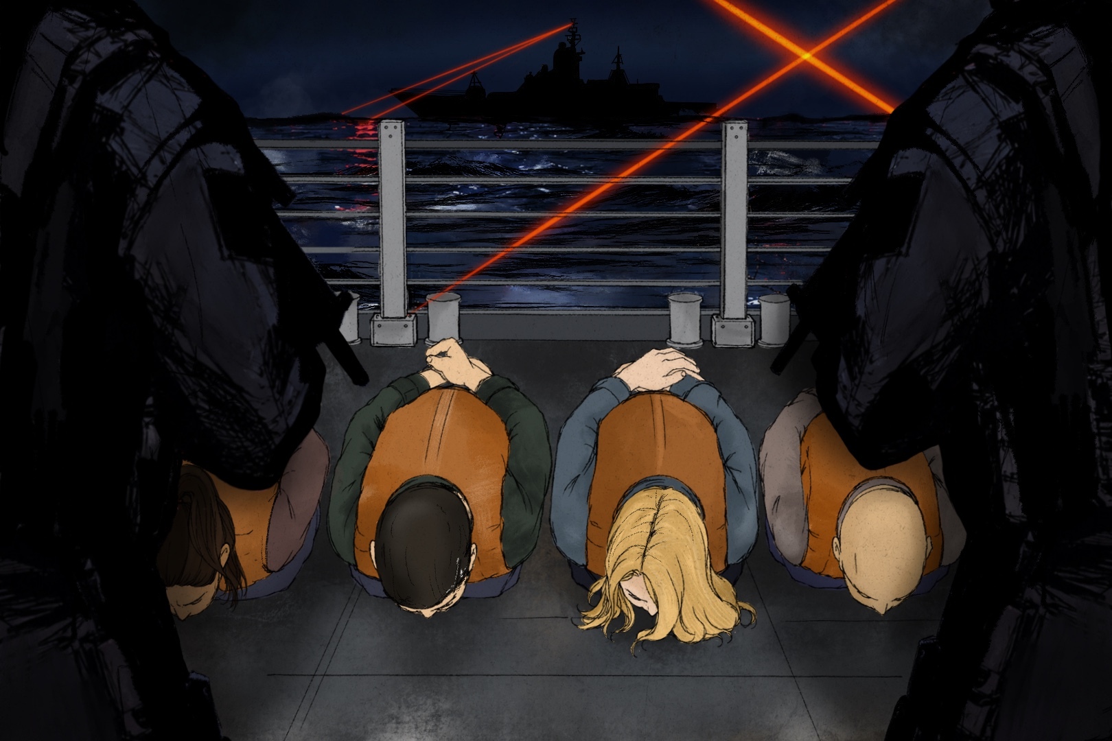 Detainees kneel face-down.