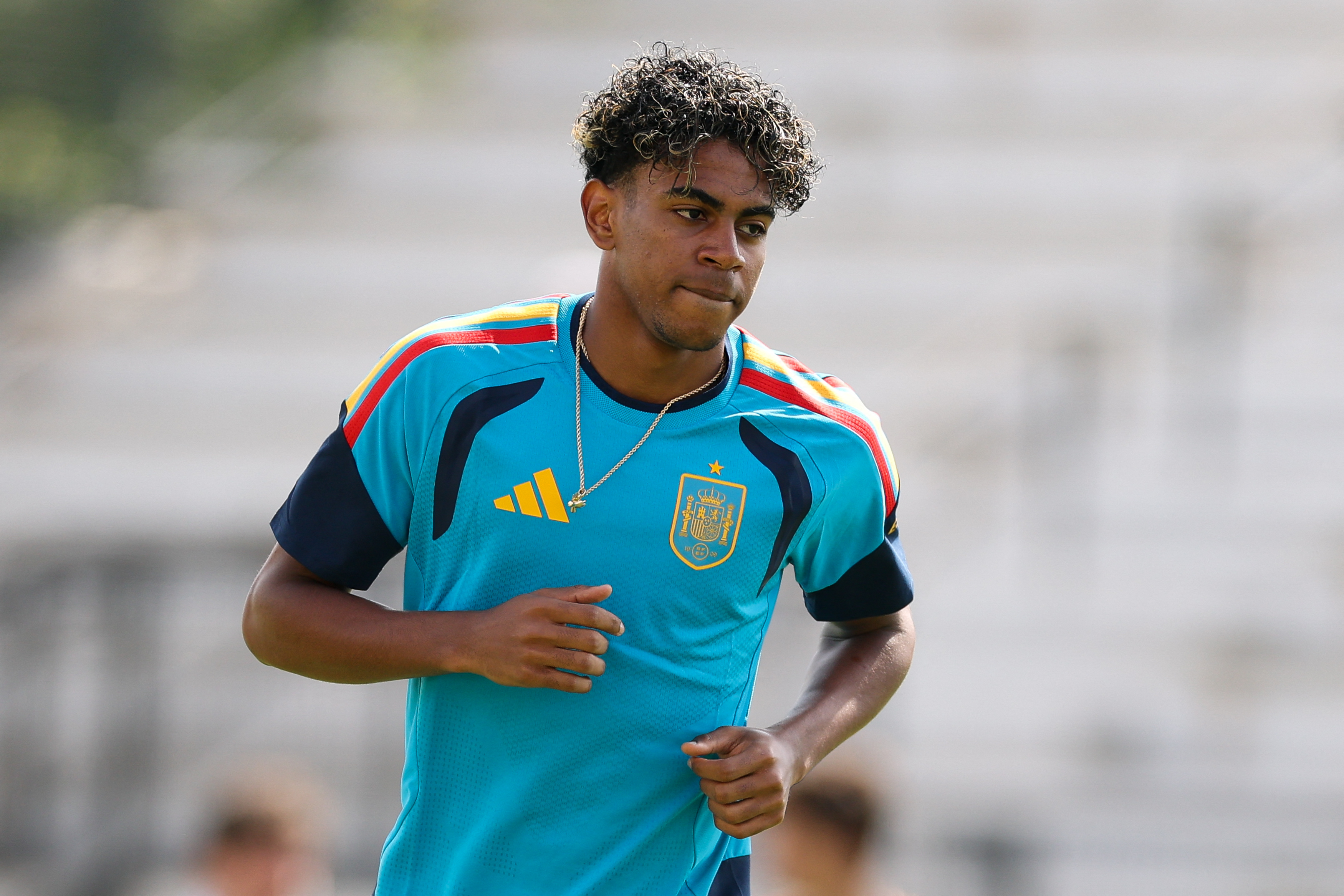 ATLANTA, GEORGIA - JUNE 14: Lamine Yamal of Spain warms up during the training and press conference of Spain one day ahead of the FIFA World Cup 2026 Group H match between Spain and Cabo Verde at Atlanta Stadium on June 14, 2026 in Atlanta, Georgia. Florencia Tan Jun/Getty Images/AFP (Photo by Florencia Tan Jun / GETTY IMAGES NORTH AMERICA / Getty Images via AFP)
