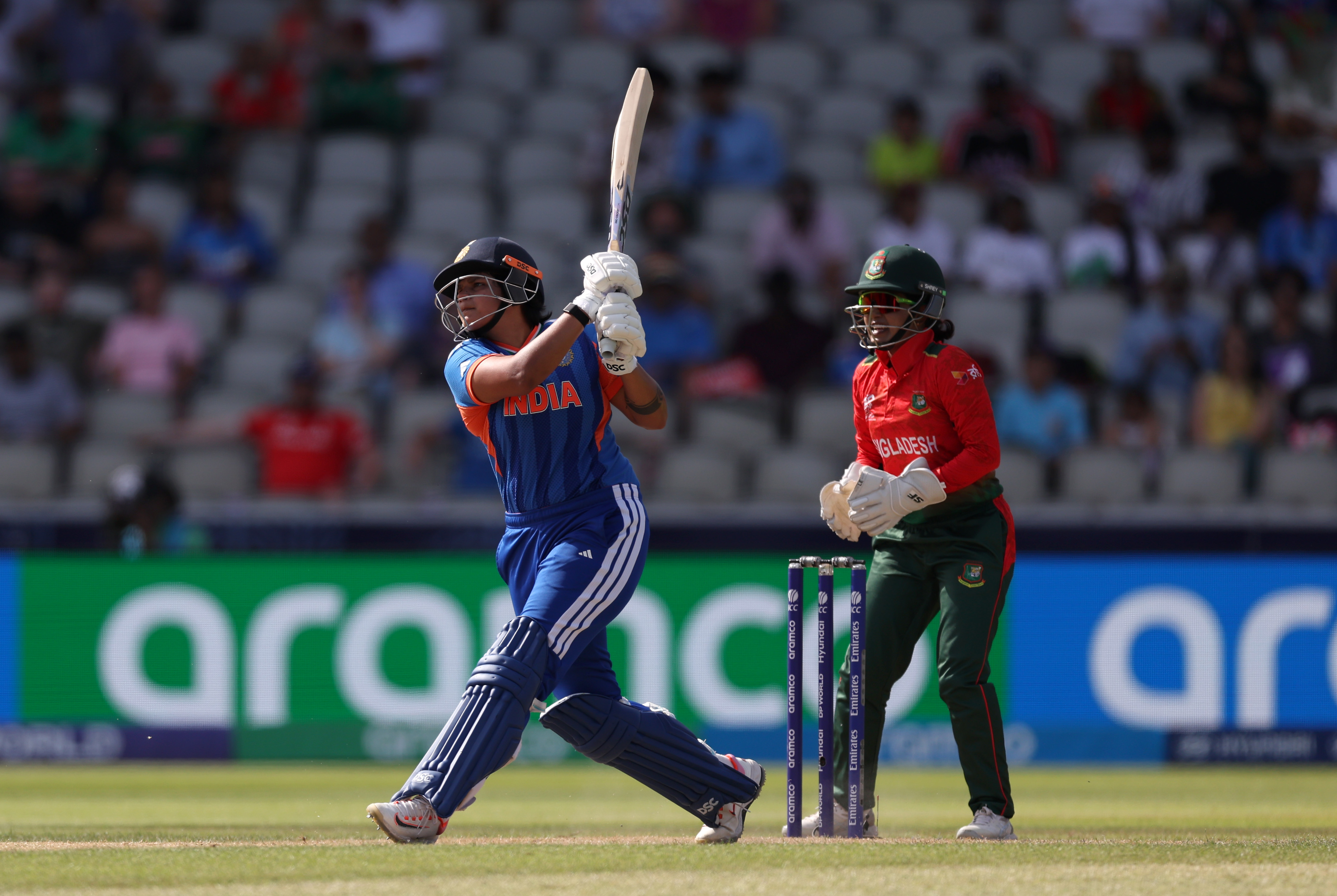 MANCHESTER, ENGLAND - JUNE 25: Shafali Verma of India bats during the ICC Women's T20 World Cup Group A match between India and Bangladesh at Old Trafford Cricket Ground on June 25, 2026 in Manchester, England. (Photo by George Wood/Getty Images)