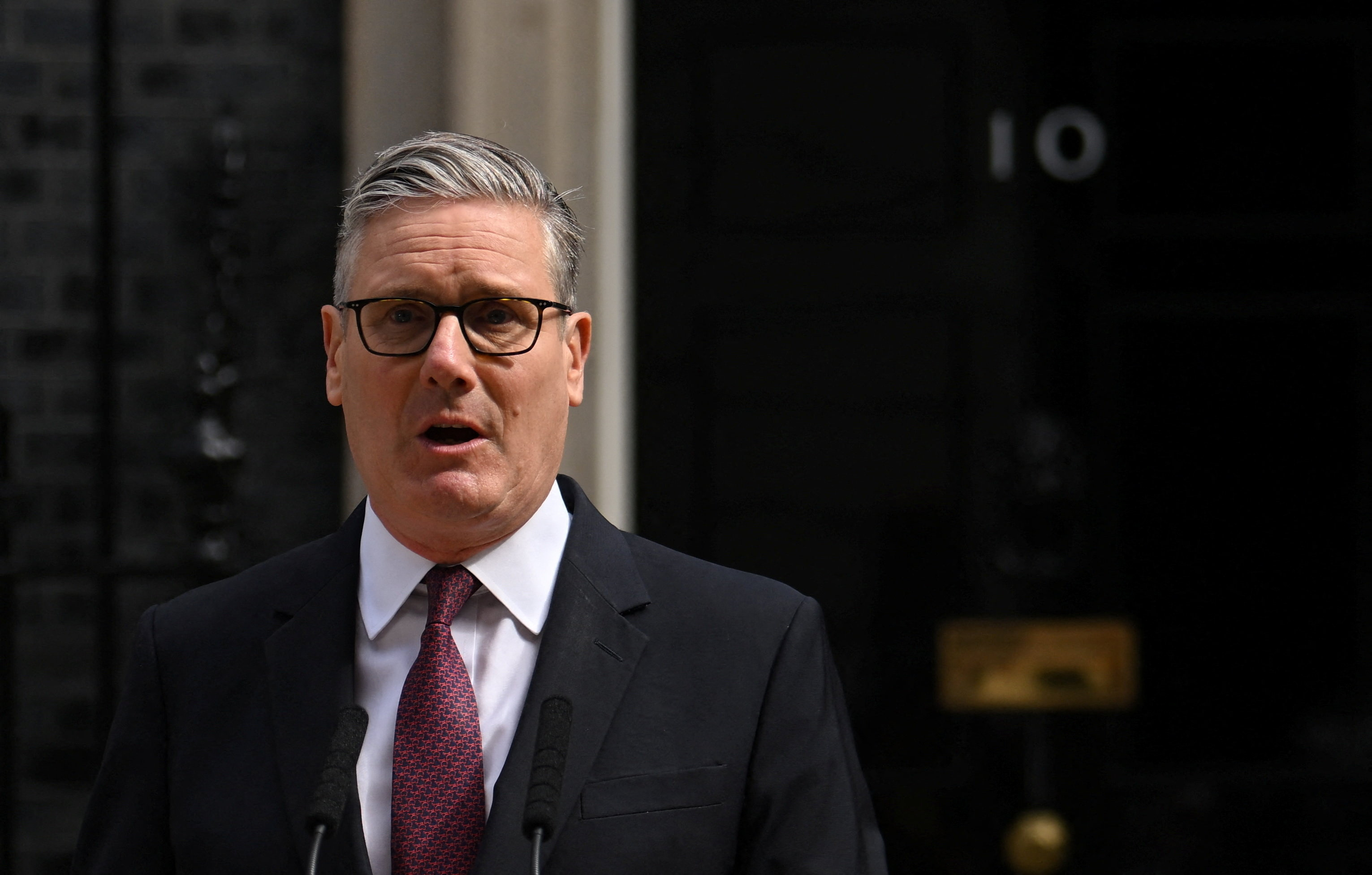 British Prime Minister Keir Starmer speaks outside 10 Downing Street.