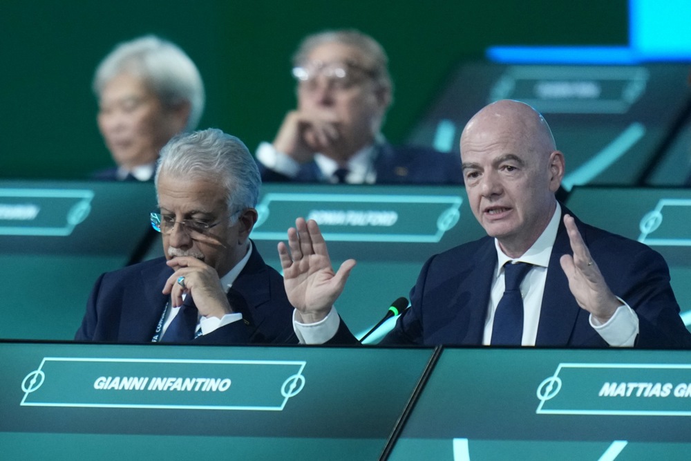 Sheikh Salman bin Ibrahim Al Khalifa, FIFA Senior vice president and President of the Asian Football Confederation, looks on as FIFA President Gianni Infantino speaks during the 76th FIFA Congress 2026