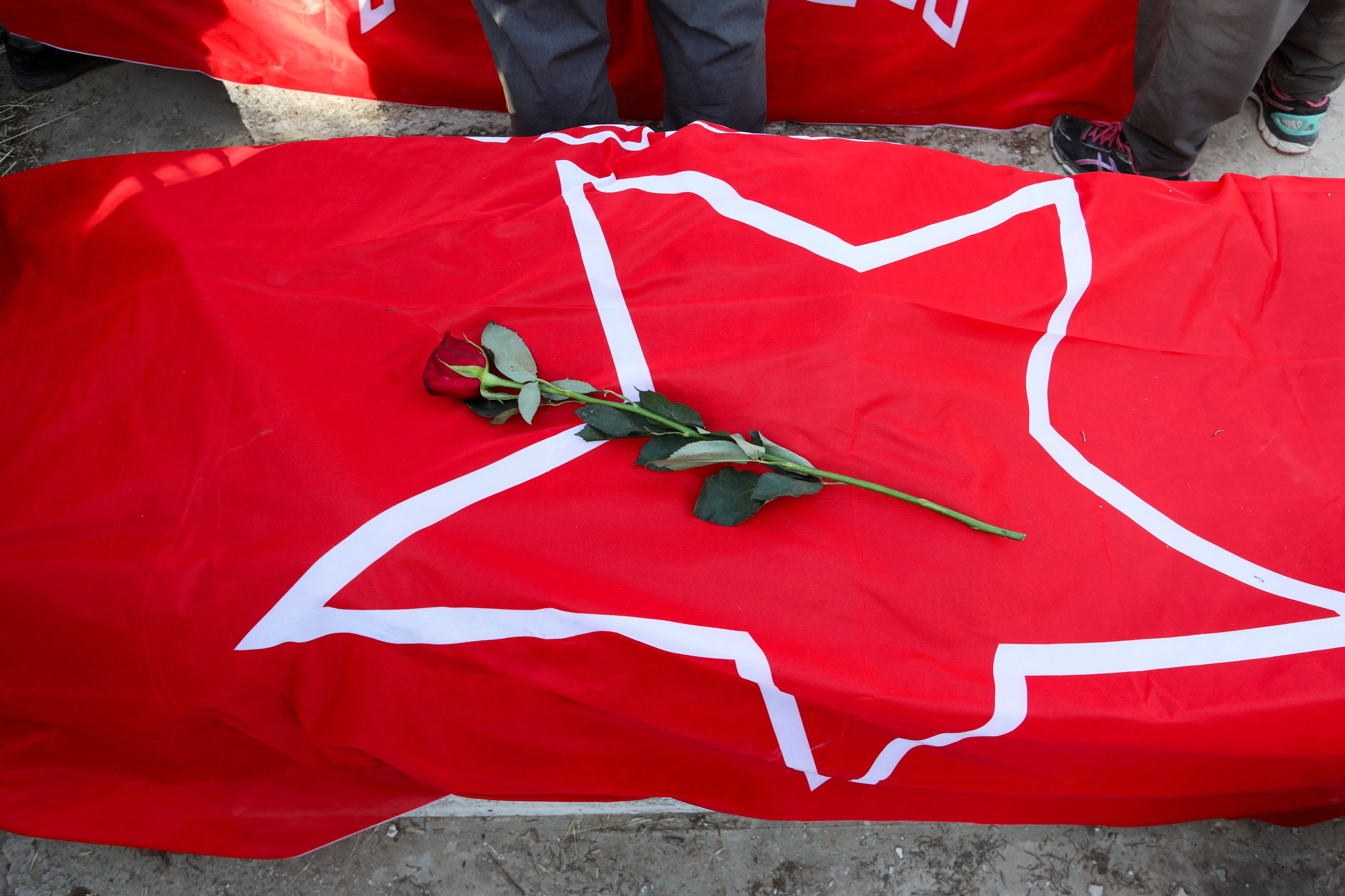 A rose lies on a coffin draped in a flag.