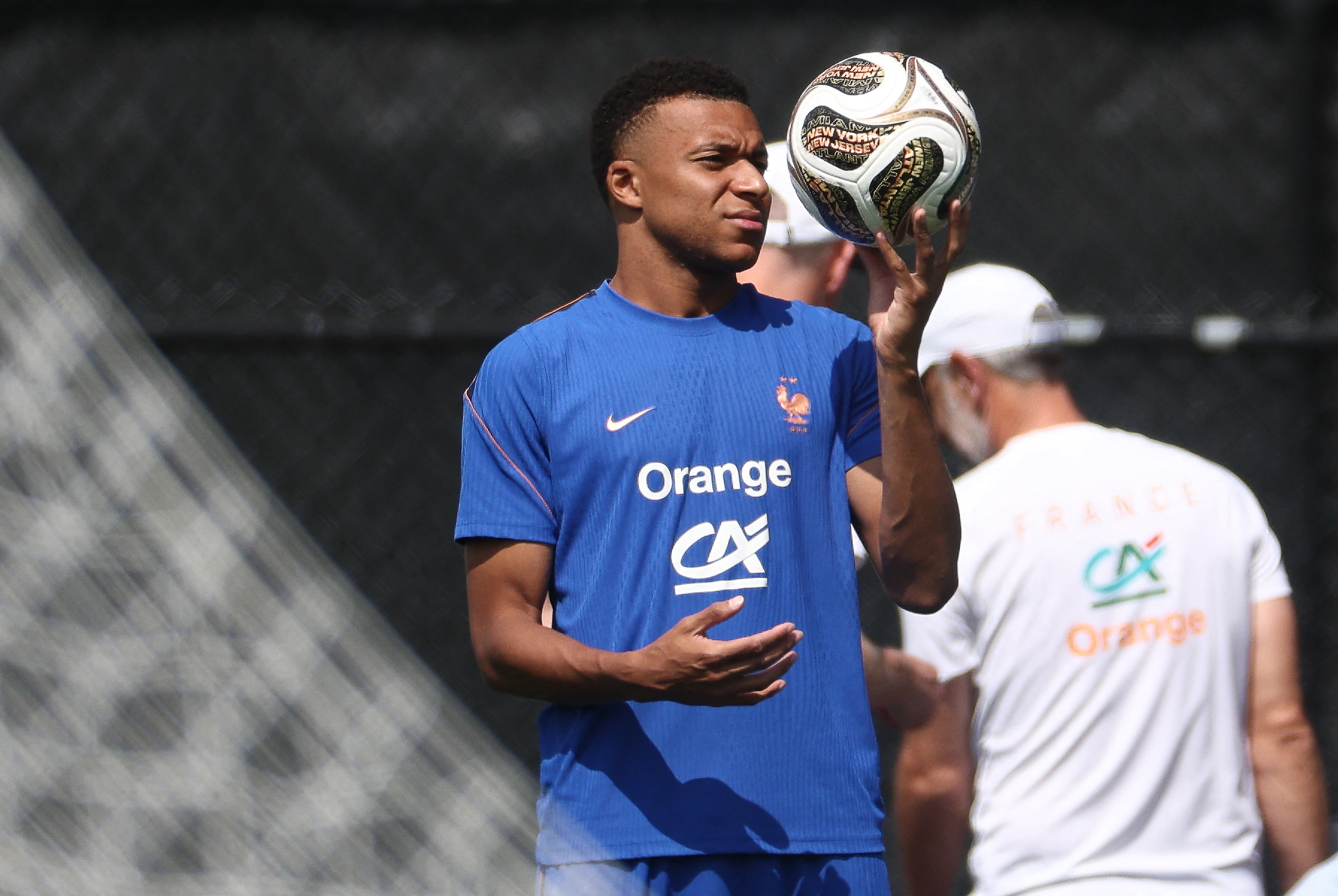 Kylian Mbappe reacts.