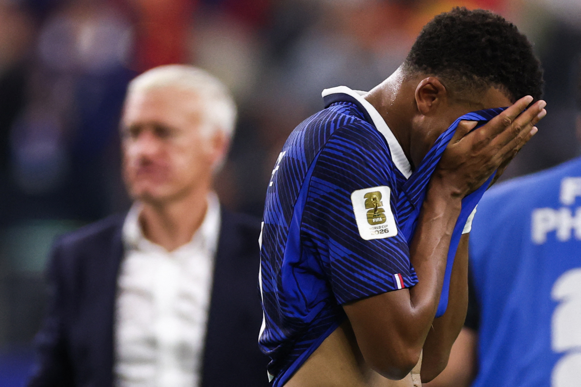 France's forward #10 Kylian Mbappe reacts after losing the 2026 World Cup football tournament semi-final match