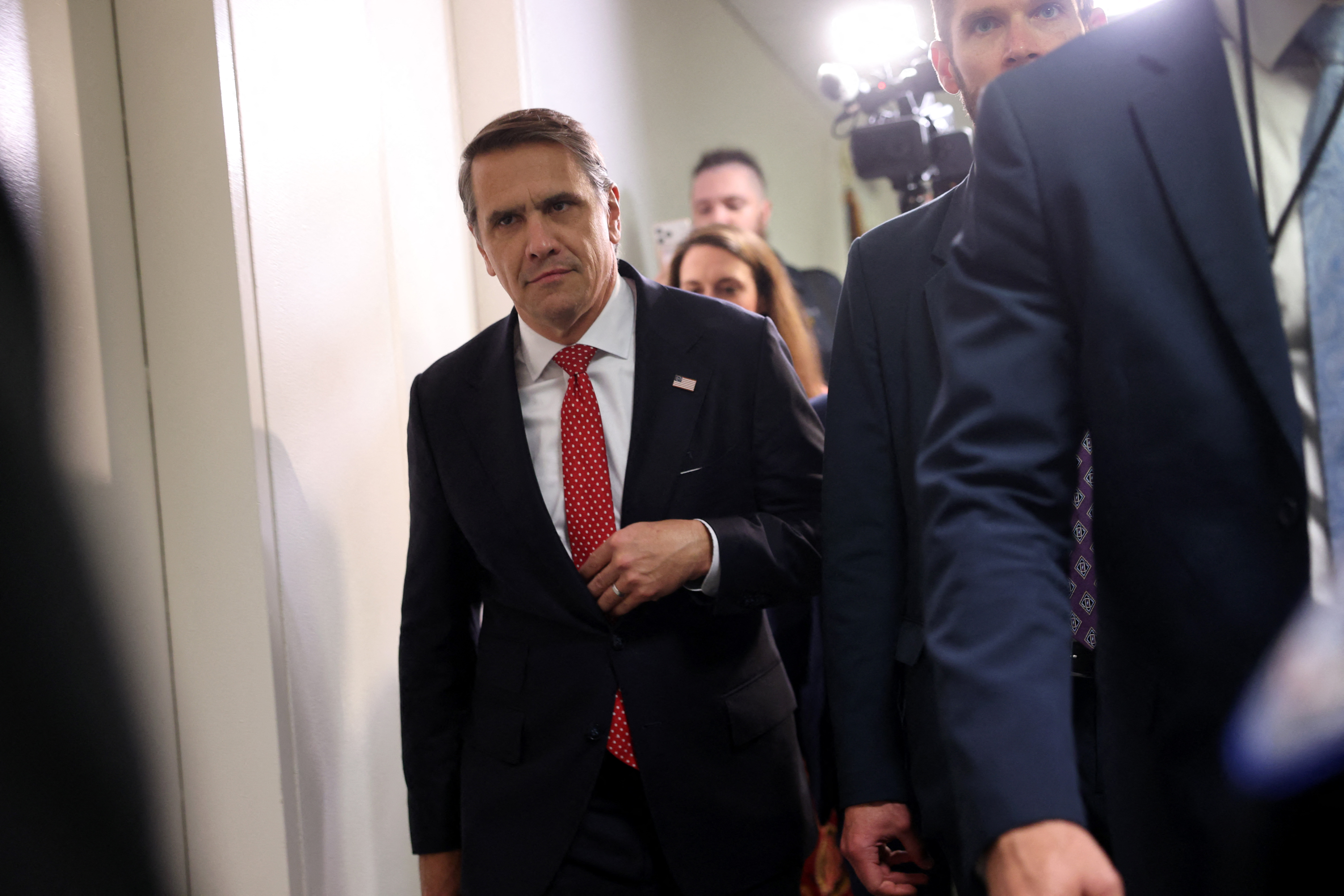 WASHINGTON, DC - JULY 29: Acting U.S. Attorney General Todd Blanche is seen after leaving a meeting on Capitol Hill on July 29, 2026 in Washington, DC. Lawmakers are demanding written confirmation to formally kill President Donald Trump’s controversial IRS tax immunity deal and "anti-weaponization fund" before they vote on confirming acting U.S. Attorney General Todd Blanche. Kevin Dietsch/Getty Images/AFP (Photo by Kevin Dietsch / GETTY IMAGES NORTH AMERICA / Getty Images via AFP)