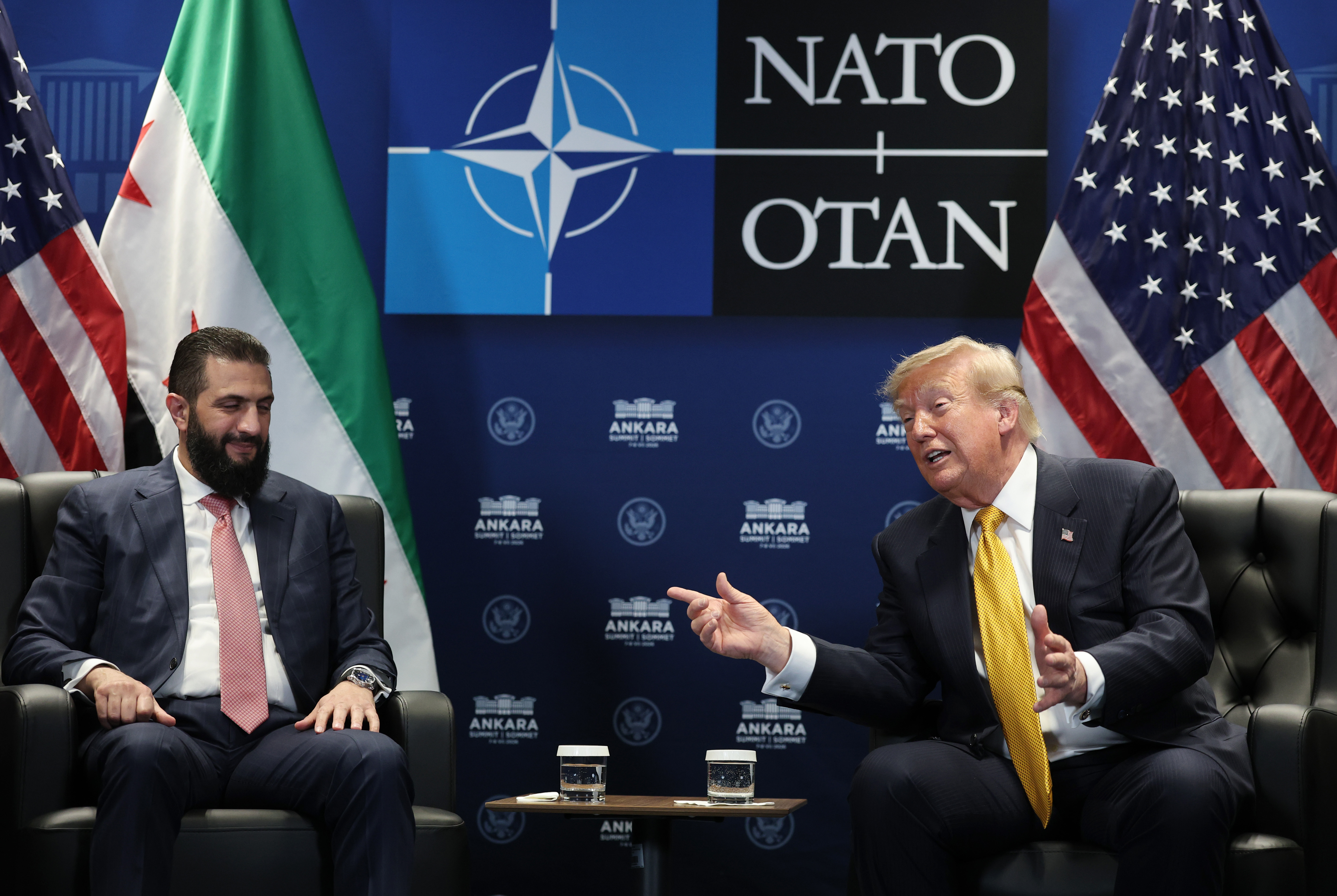 ANKARA, TURKEY - JULY 08: U.S. President Donald Trump (R) meets with Ahmed al-Sharaa, President of Syria (L) for bilateral talks at Beştepe Presidential Compound during the NATO Summit on July 08, 2026 in Ankara, Turkey. Leaders from NATO's 32 countries, plus NATO allies like Ukraine, gathered in the Turkish capital to discuss a range of issues involving spending targets, defense industrial production, and support for Ukraine, among other topics. (Photo by Win McNamee/Getty Images)