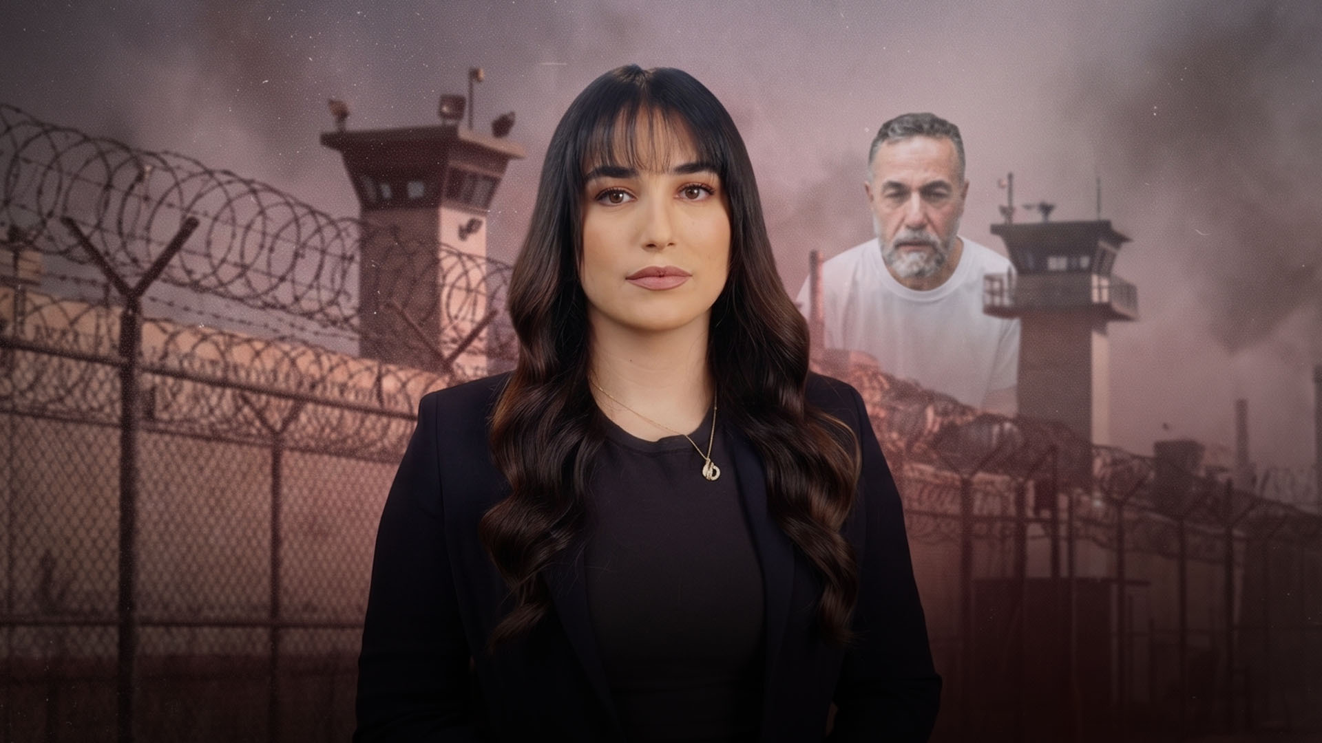 Hannah Raslan in front of picture of Hussam Abu Safia