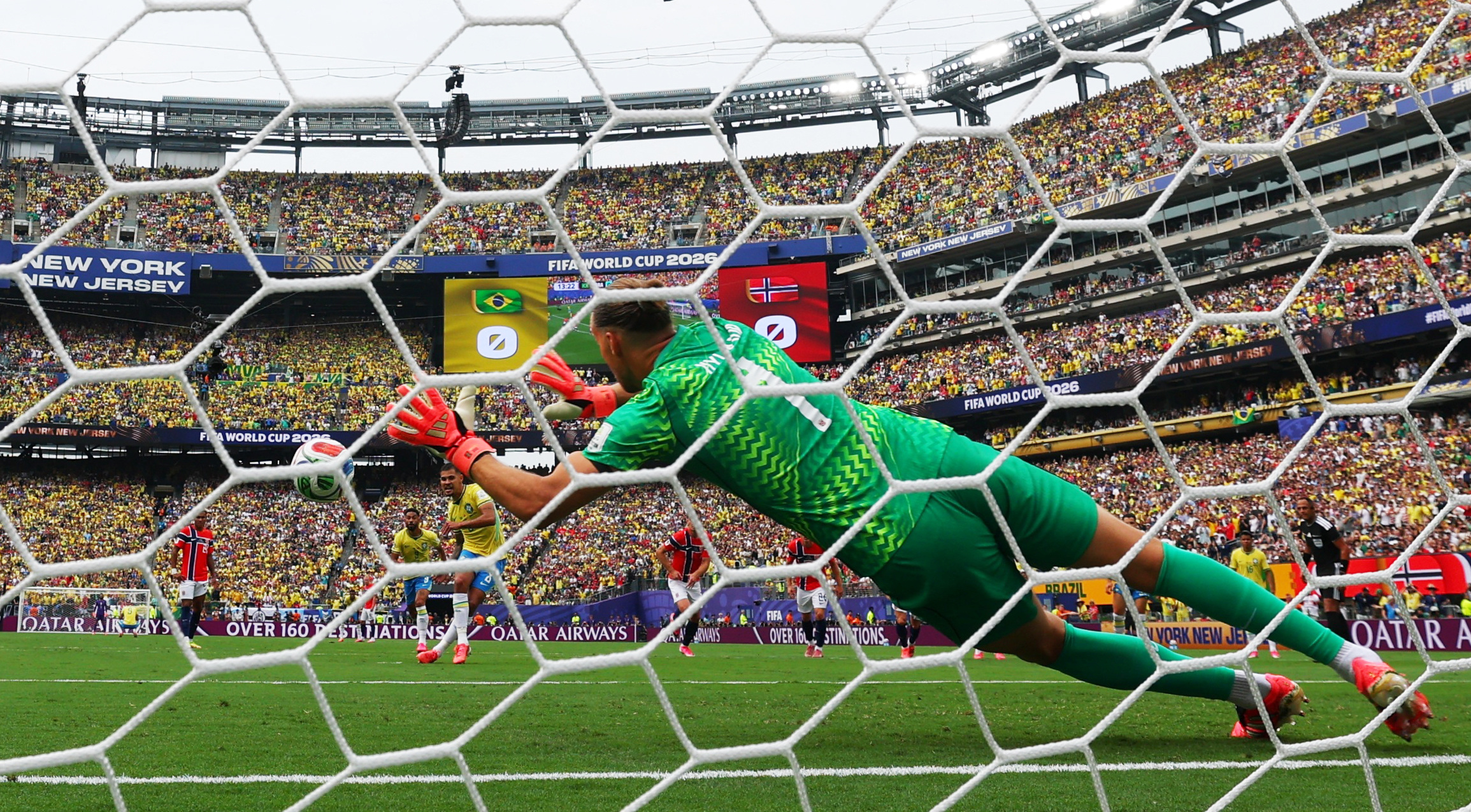 Soccer Football - FIFA World Cup 2026 - Round of 16 - Brazil v Norway - New York New Jersey Stadium, East Rutherford, New Jersey, U.S. - July 5, 2026 Brazil's Bruno Guimaraes has his penalty saved by Norway's Orjan Nyland REUTERS/Dylan Martinez