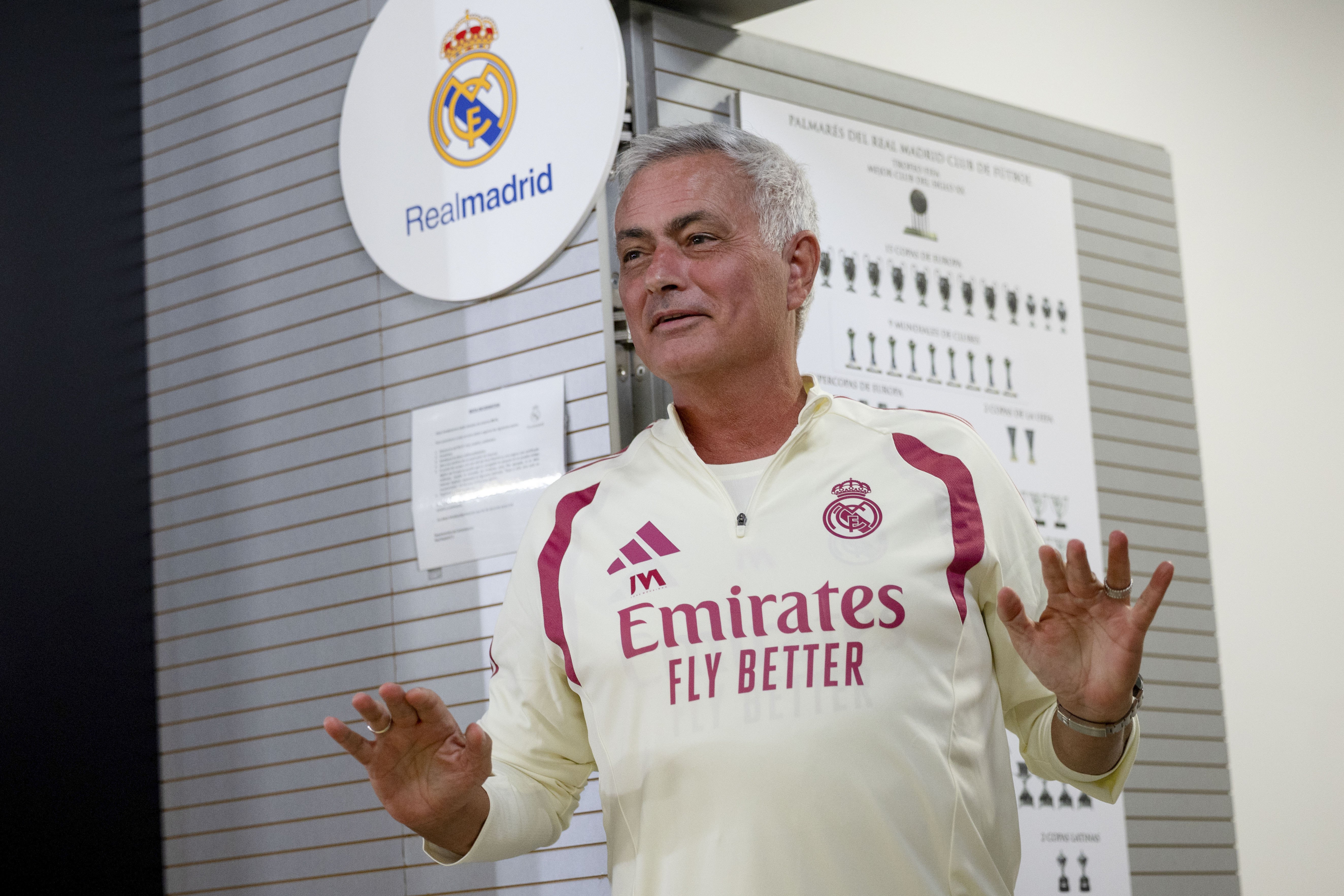 Real Madrid's head coach Jose Mourinho, addresses a press conference ahead of the La Liga game against Real Sociedad