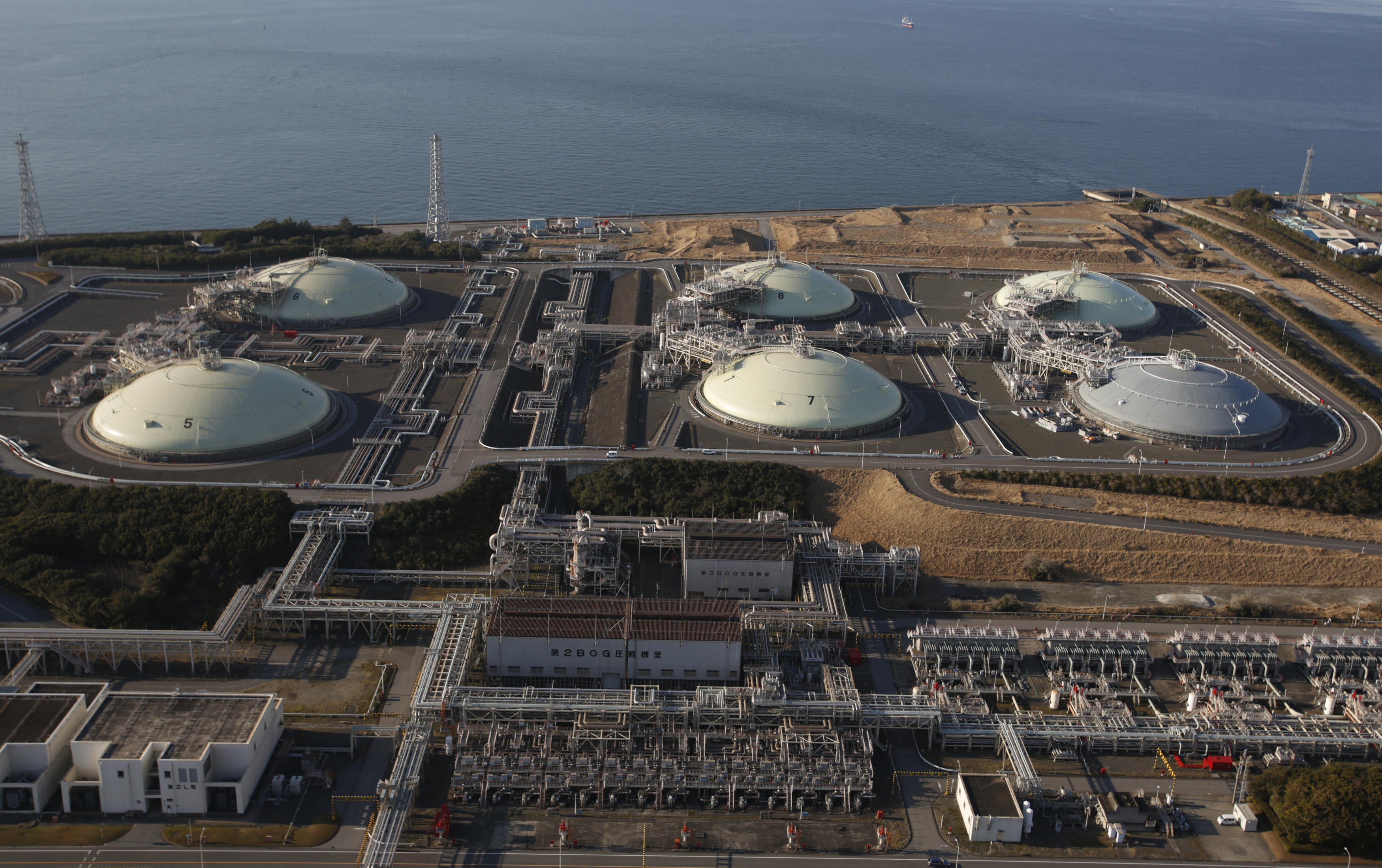 Liquefied natural gas (LNG) storage tanks are seen at Tokyo Electric Power Co.'s Futtsu Thermal Power Station in Futtsu, east of Tokyo February 20, 2013. Japan's imports of LNG hit a monthly record of 8.23 million tonnes in January, on an increased need for fuel to generate electricity after the nuclear sector was hit by the Fukushima crisis, customs-cleared Ministry of Finance data showed on Wednesday. REUTERS/Issei Kato (JAPAN - Tags: ENERGY BUSINESS)
