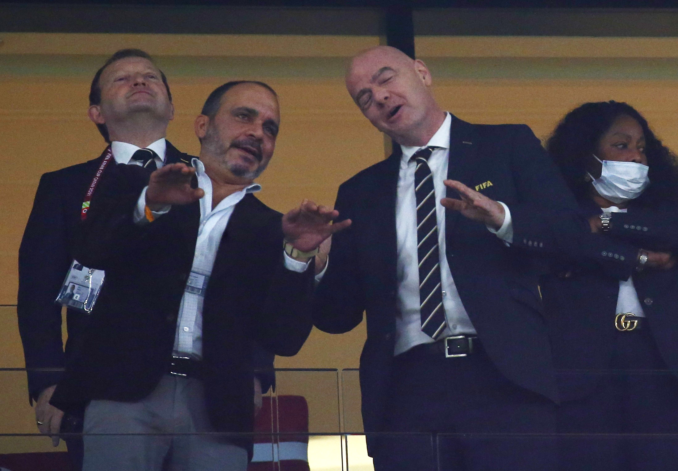 Prince Ali bin Hussein the President of Jordan football association is seen with FIFA President Gianni Infantino during an Arab Cup match