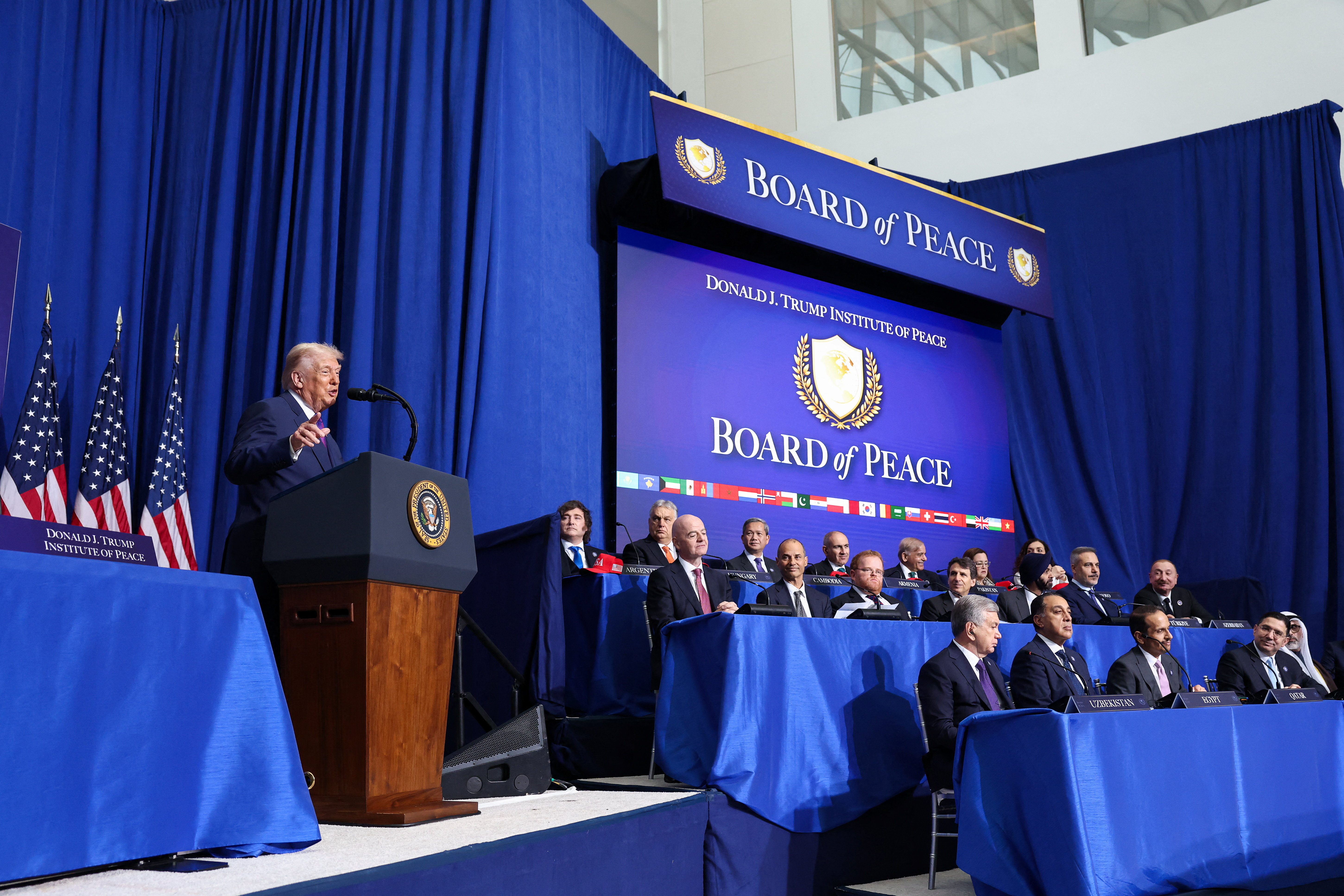 U.S President Donald Trump speaks at the inaugural Board of Peace meeting at the U.S. Institute of Peace in Washington, D.C., U.S., February 19, 2026. REUTERS/Kevin Lamarque