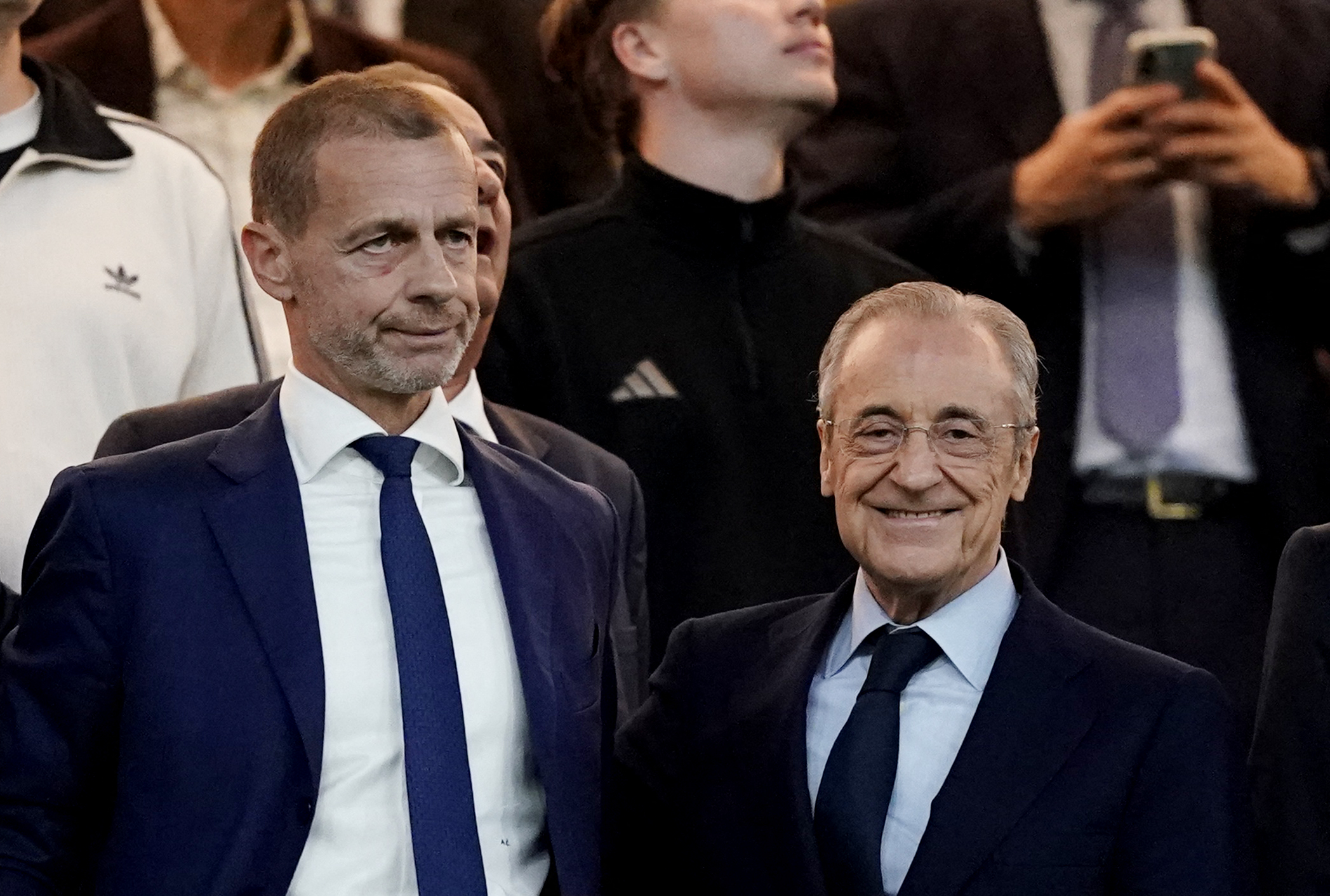 Real Madrid president Florentino Perez and UEFA president Aleksander Ceferin pose in the stands before the match