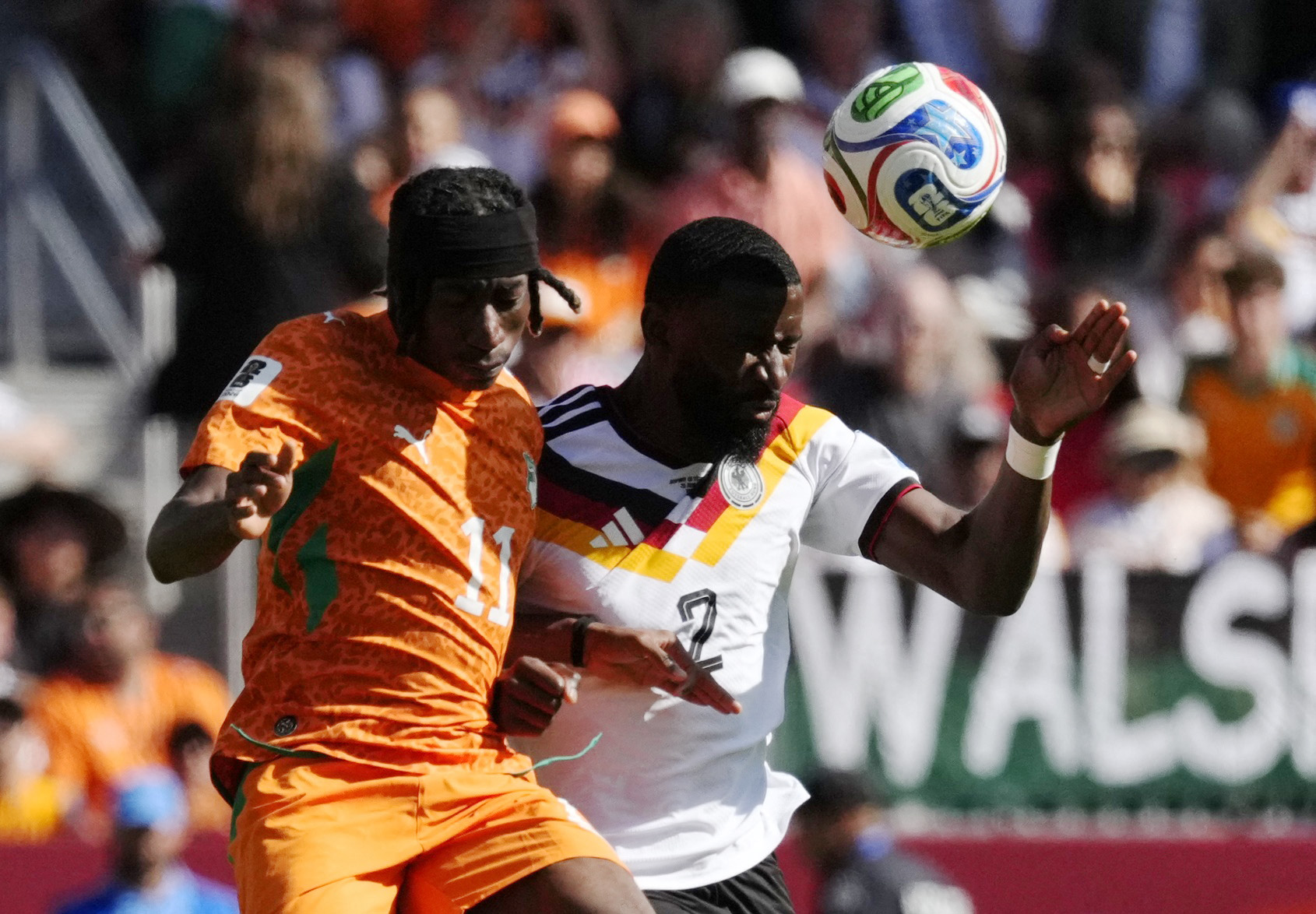 New Real Madrid teammates Yan Diomande of Ivory Coast in action with Germany’s Antonio Rudiger at World Cup 2026