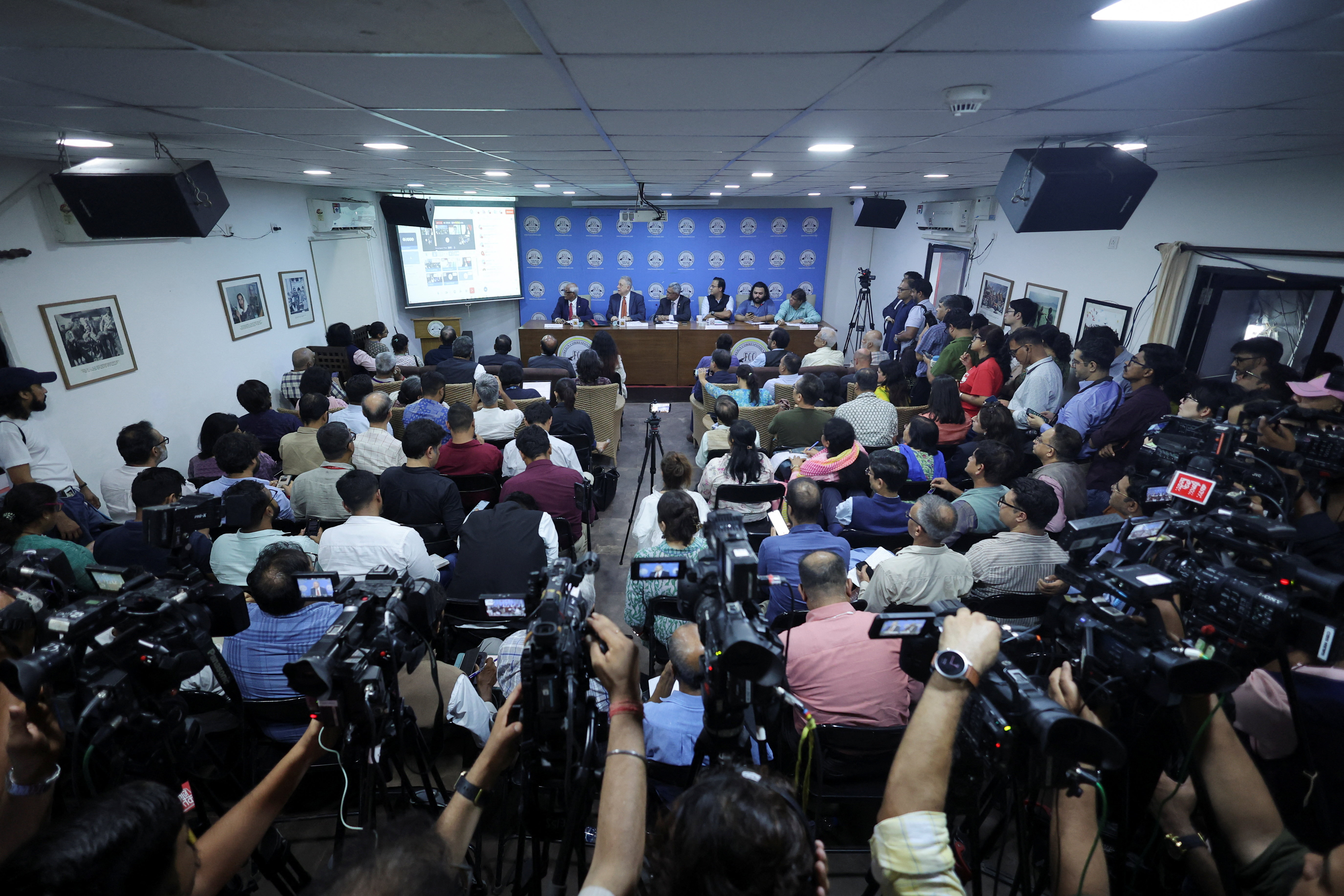 Members of the media record a virtual address (audio only) by Hasina at the Foreign Correspondents’ Club of South Asia in New Delhi, India, on August 5, 2026