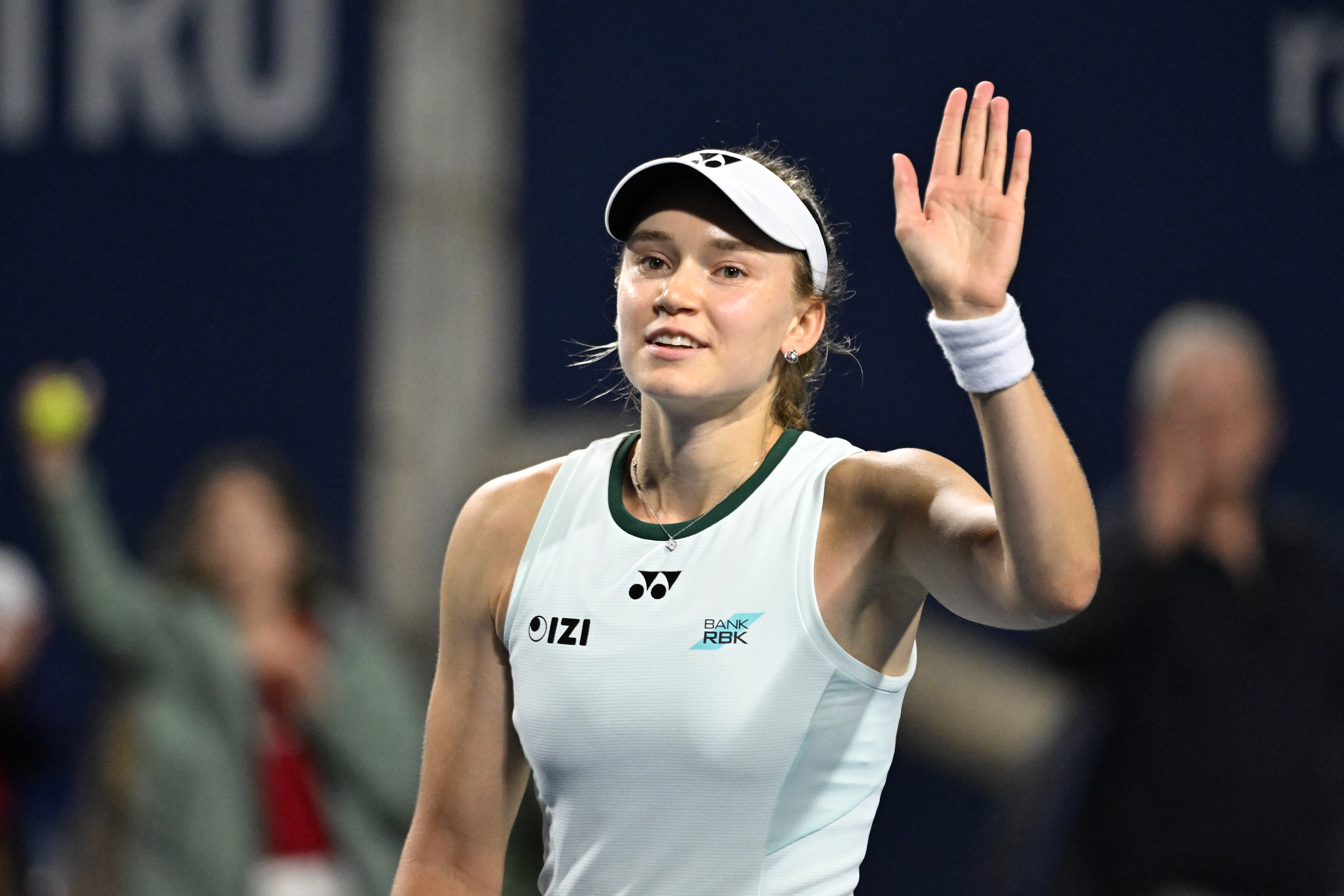 Elena Rybakina (KAZ) waves to fans after defeating Coco Gauff (USA) during semi-final play at Sobeys Stadium