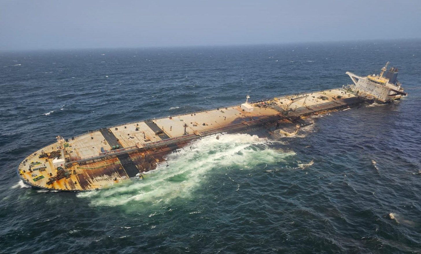 The damaged and half-sunk oil tanker Caroline Bezengi, at sea off the coast of Oman, on a date given as August 6, 2026