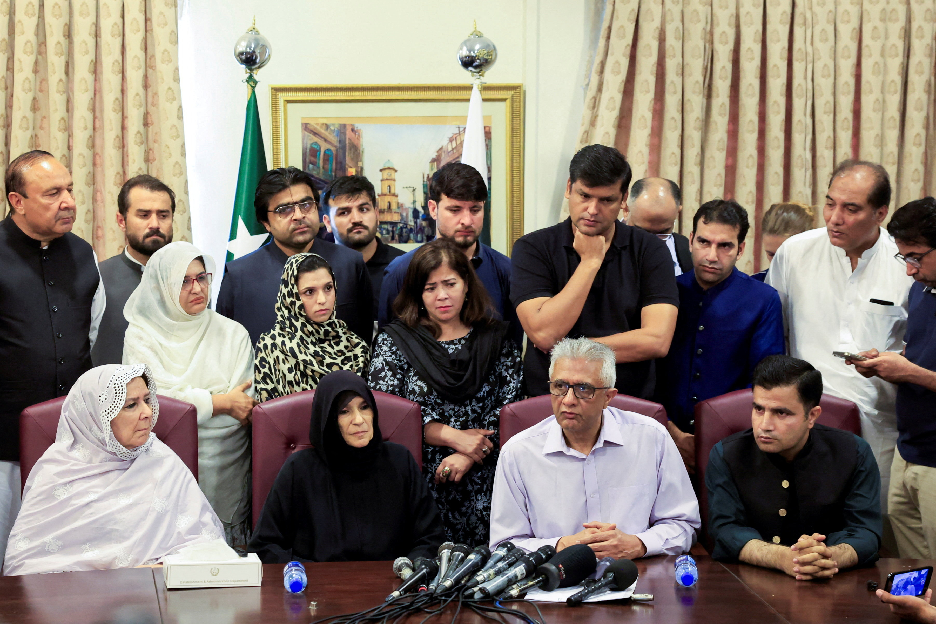 Faisal Sultan, personal physician along with sisters of jailed former Prime Minister Imran Khan addresses a press conference, in Islamabad, Pakistan, August 21, 2026 [Akhtar Soomro/Reuters]