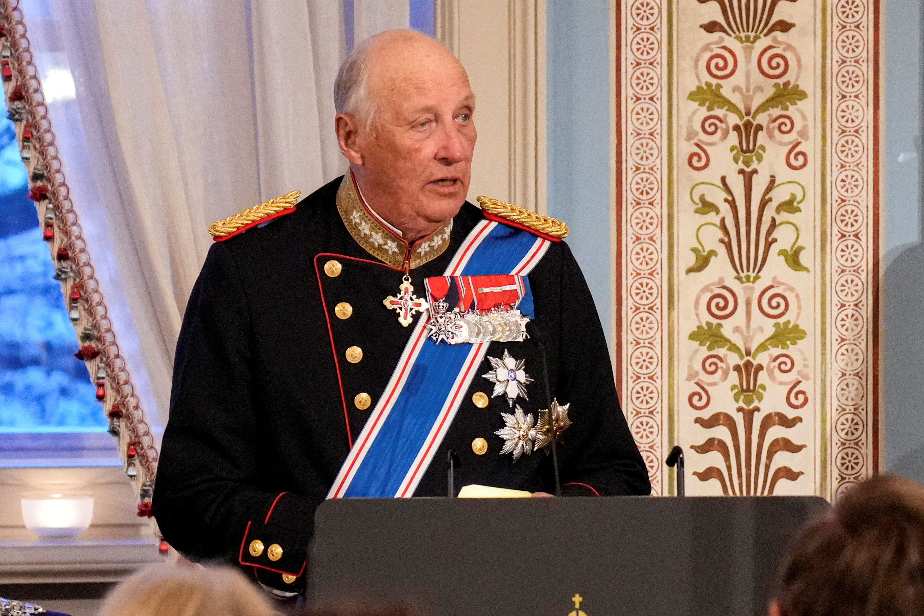 Norway's King Harald speaks during a gala dinner at the Palace in connection with the state visit of the Icelandic presidential couple, in Oslo, Norway, on April 8, 2025. [File: Fredrik Varfjell/NTB/Reuters]