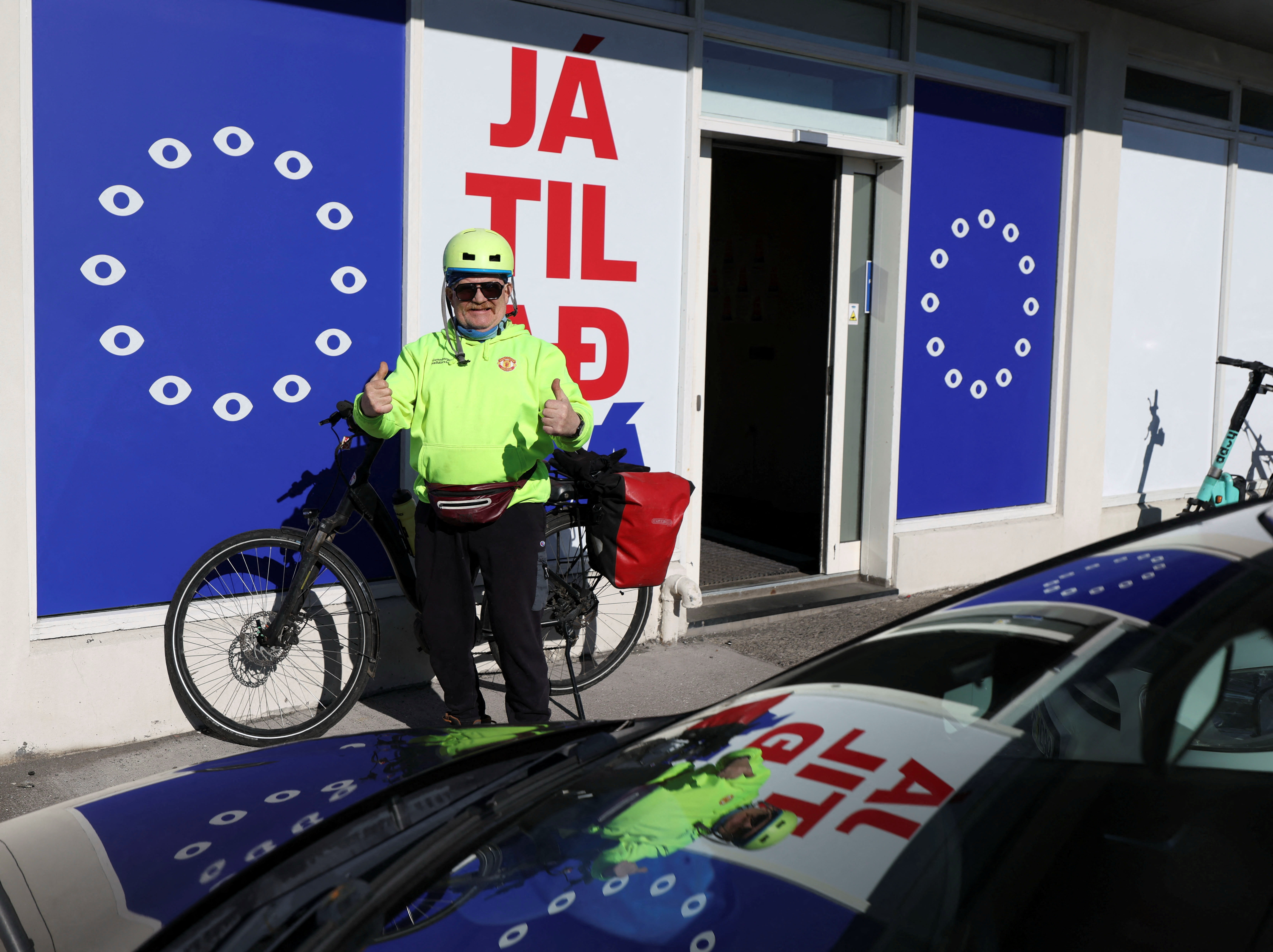A man poses outside the "Yes to See" movement's office ahead of a referendum on whether Iceland should resume accession negotiations with the European Union, in Reykjavik, Iceland, August 27, 2026. REUTERS/Leonhard Foeger