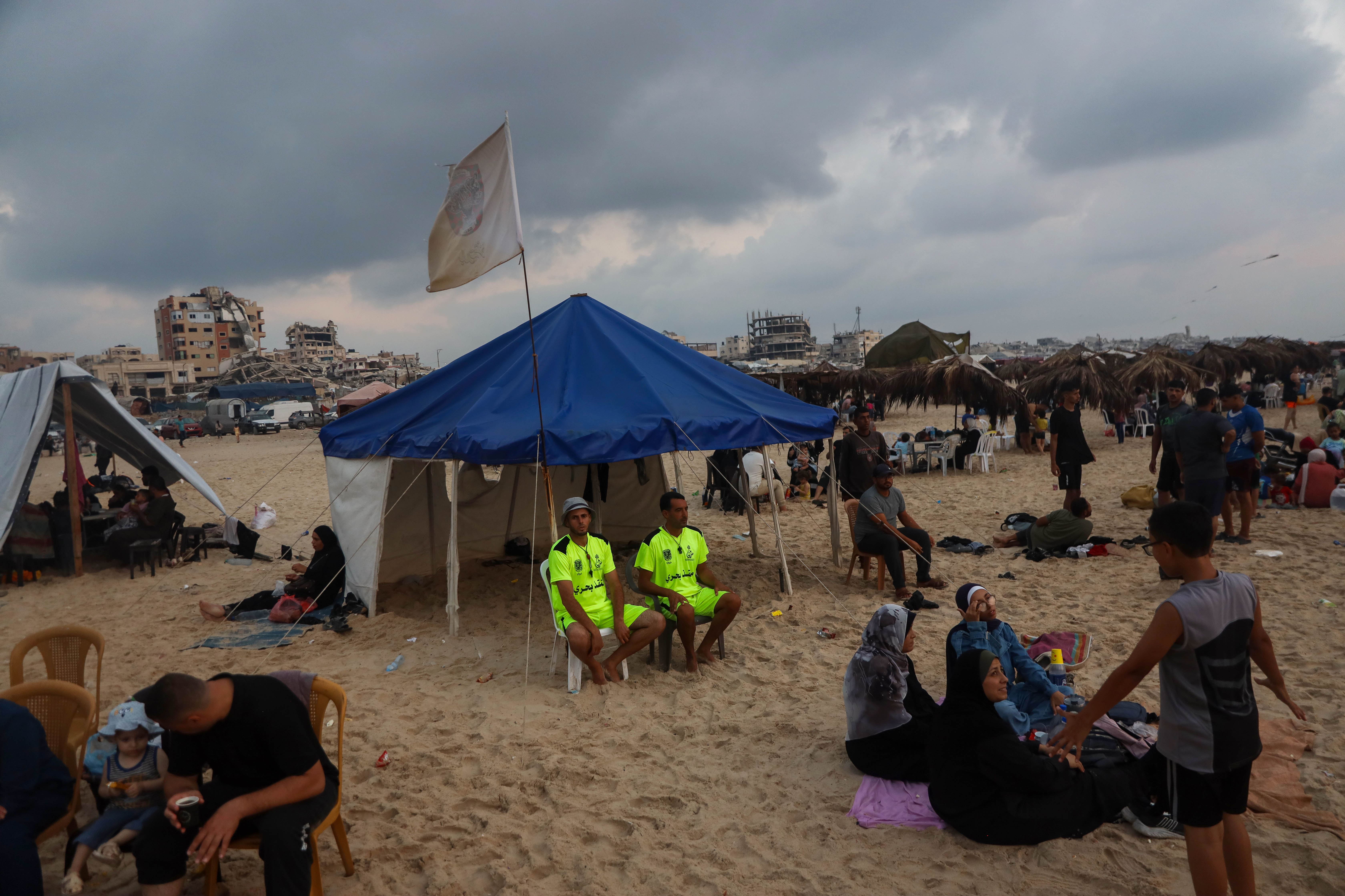 Beach watchtowers have been destroyed during Israel’s war, forcing lifeguards to use tents