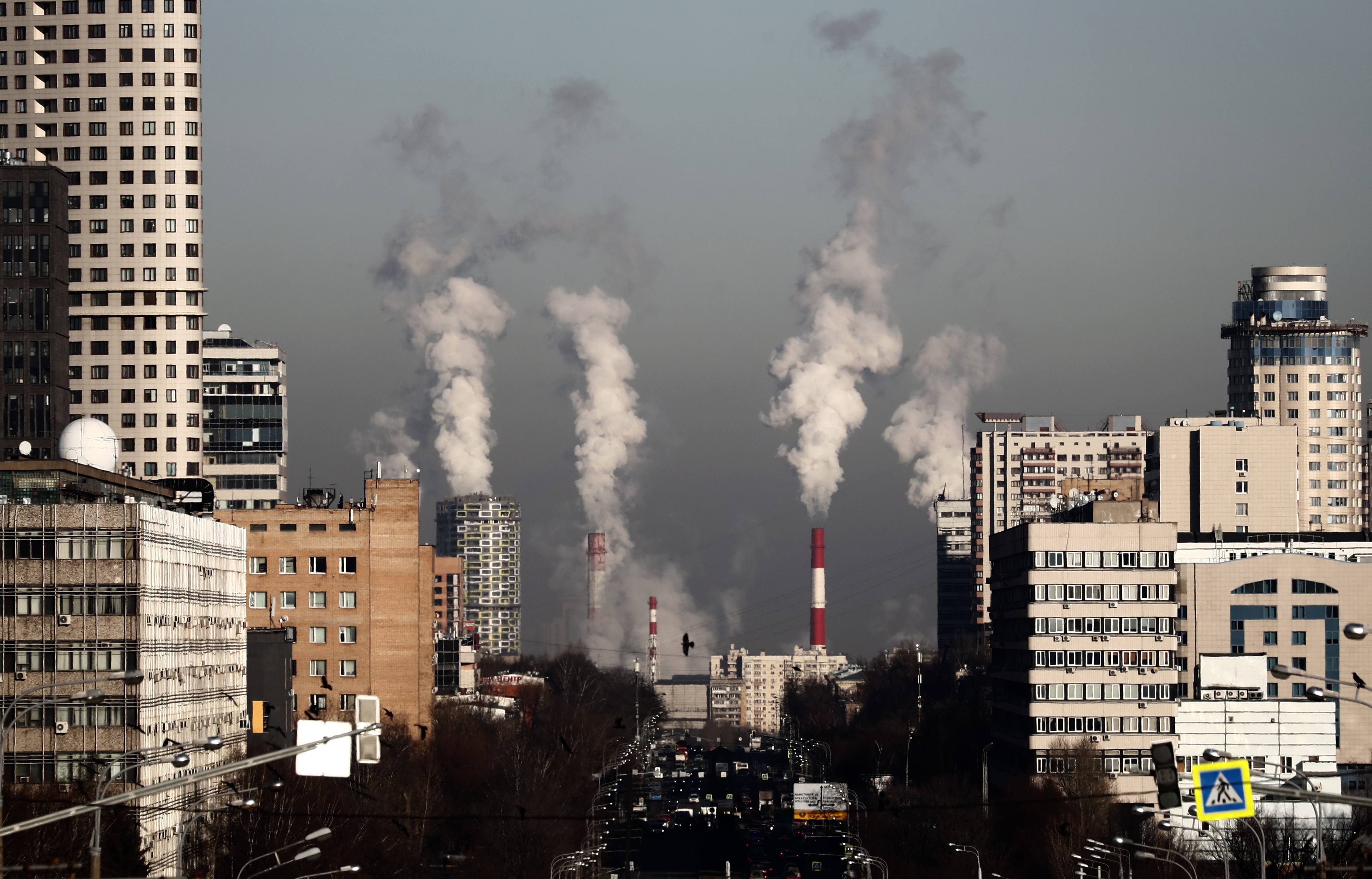 Smoke rises from chimneys of the gas boiler house as the temperature dropped to minus 10 degrees Celsius in Moscow, Russia, 22 November 2019